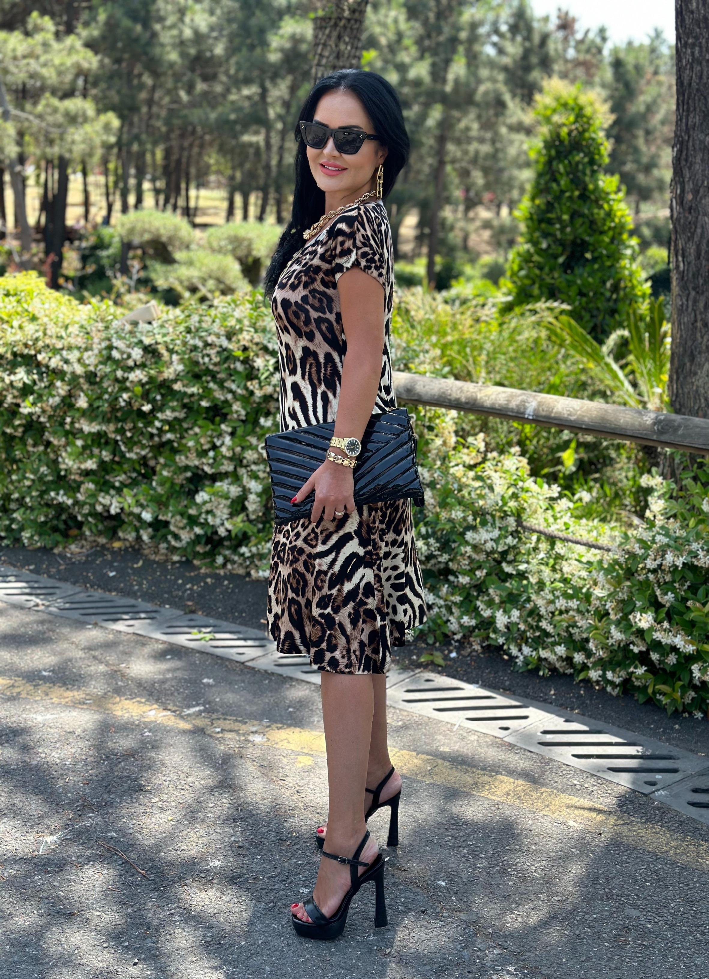 4519  Fermuarlı leopar  elbise4519