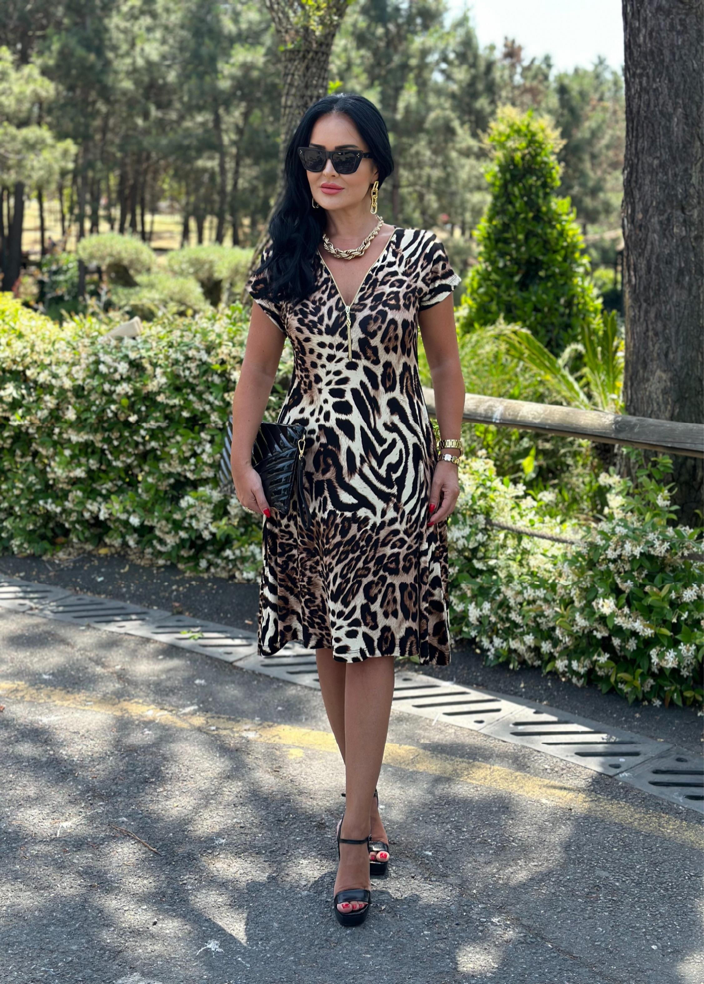4519  Fermuarlı leopar  elbise4519