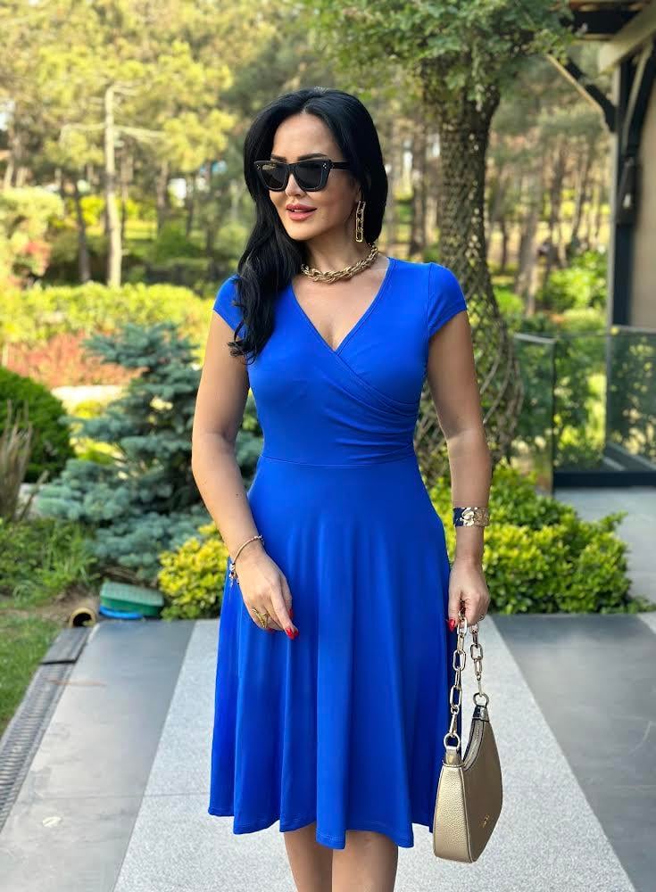 4520 Kruvaze yaka mavi elbise4520