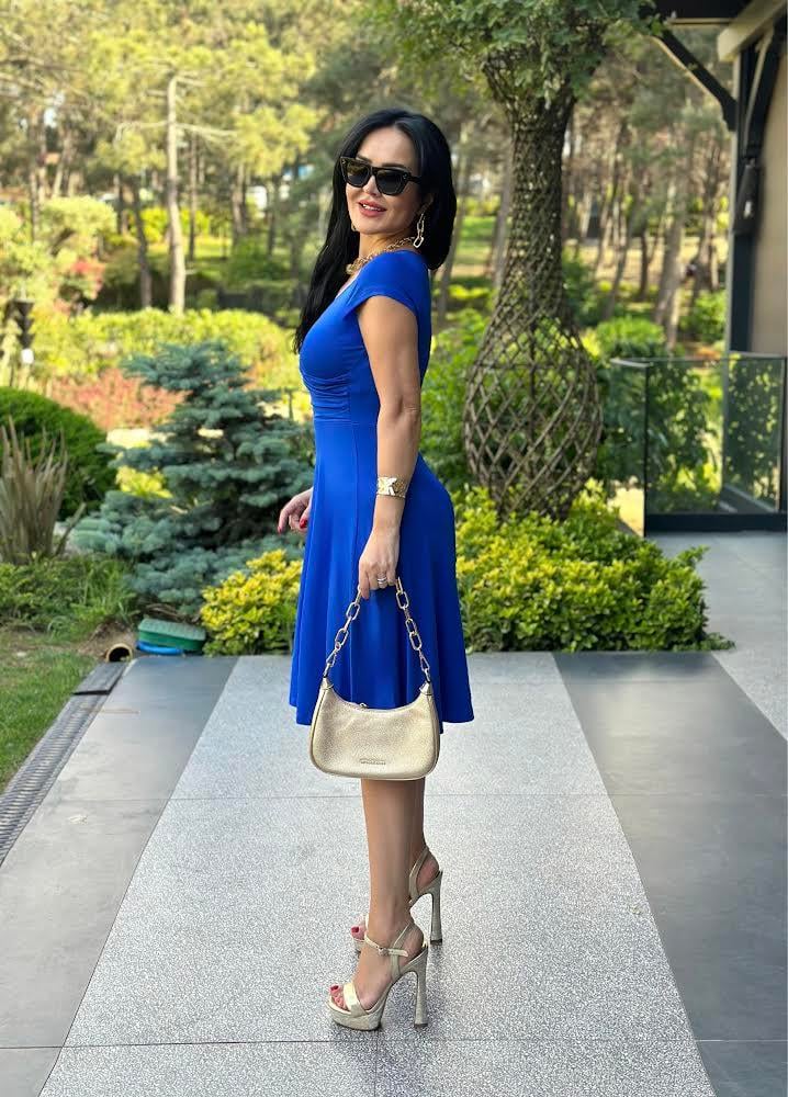 4520 Kruvaze yaka mavi elbise4520