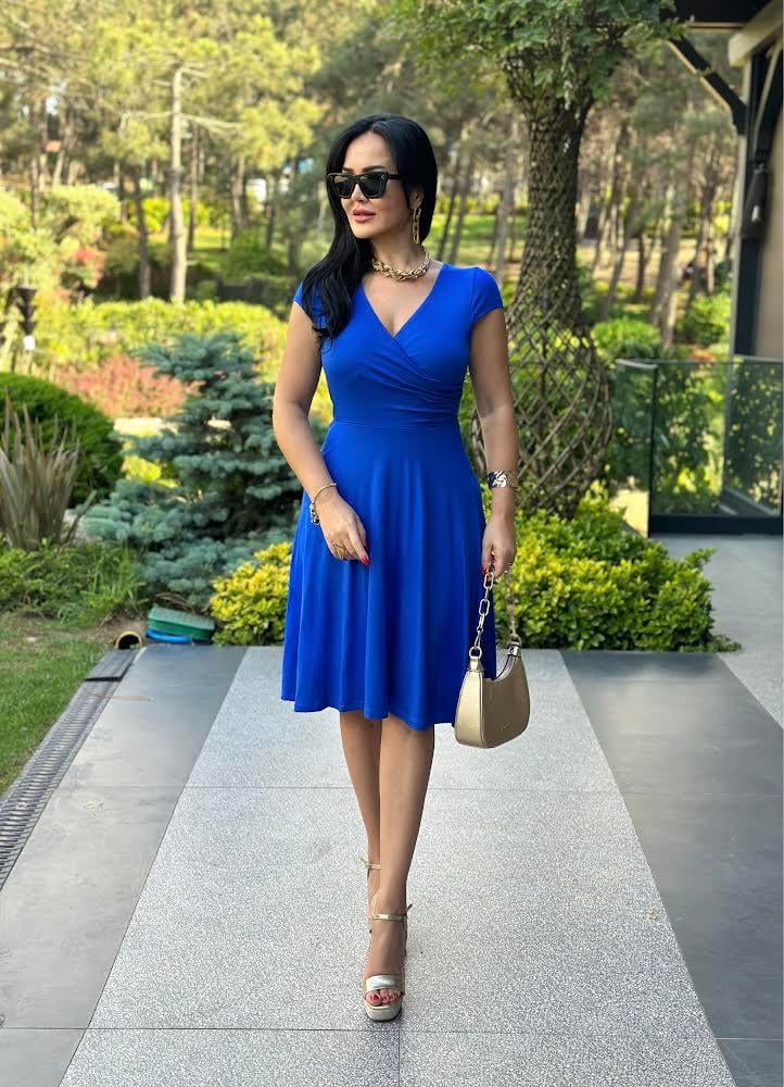 4520 Kruvaze yaka mavi elbise4520