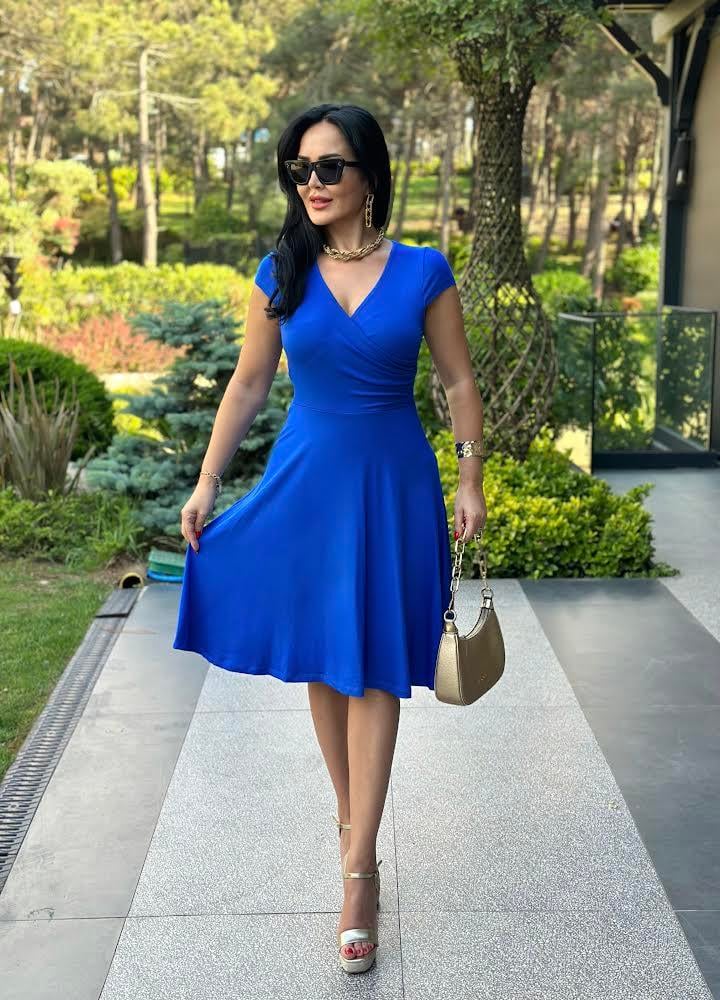 4520 Kruvaze yaka mavi elbise4520