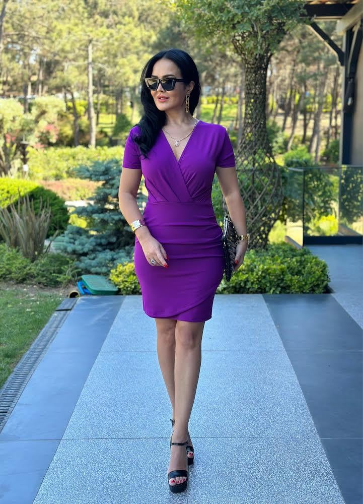 4522 Dekoliteli double krep mor elbise 4522