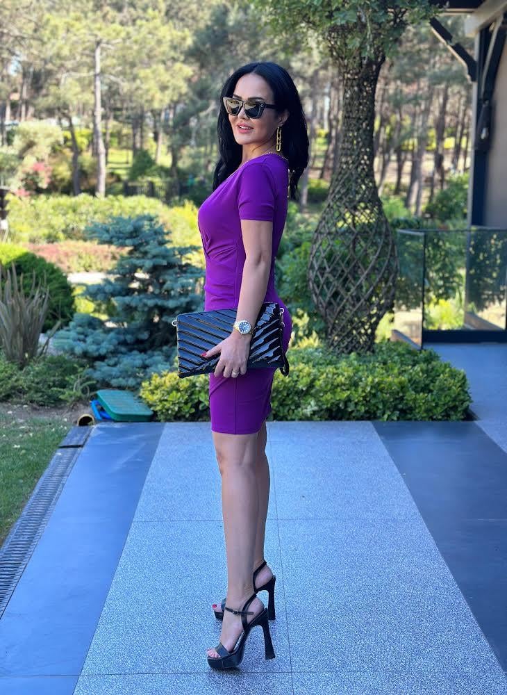 4522 Dekoliteli double krep mor elbise 4522