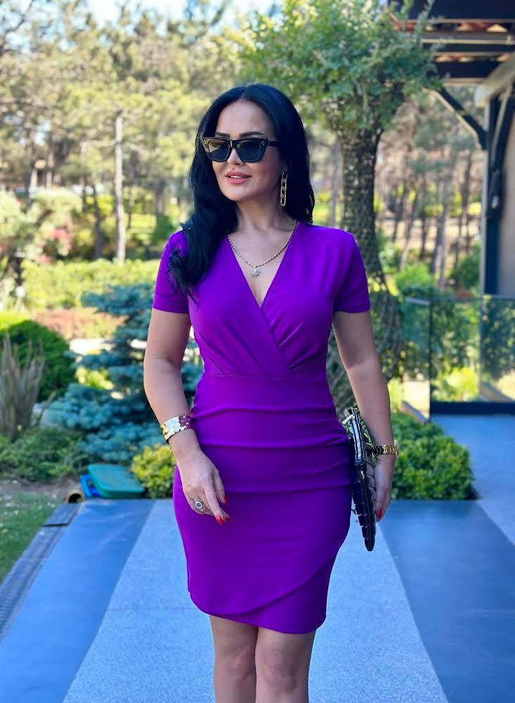 4522 Dekoliteli double krep mor elbise 4522