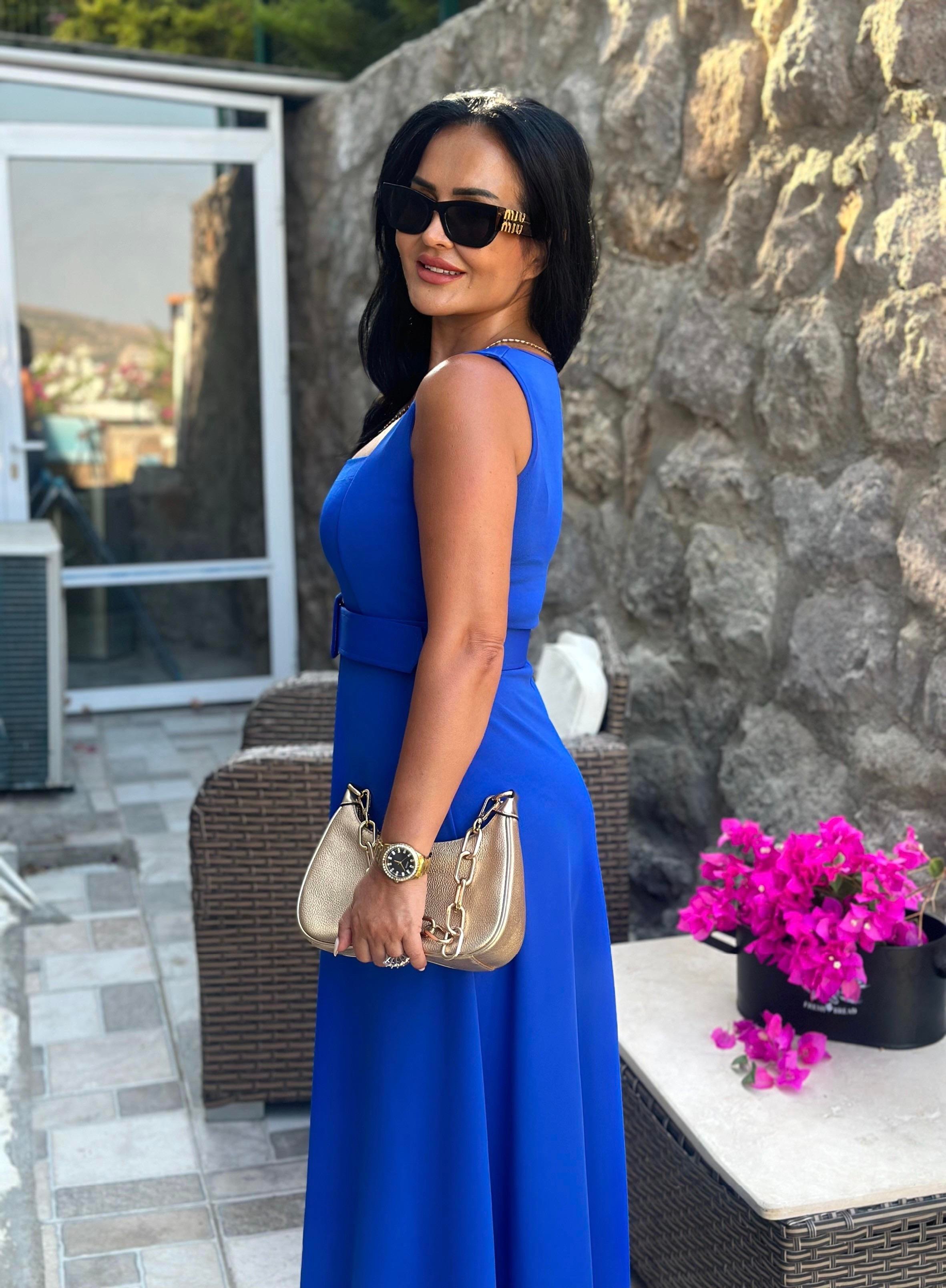 4538 Kare yaka saks kemerli  elbise 4538