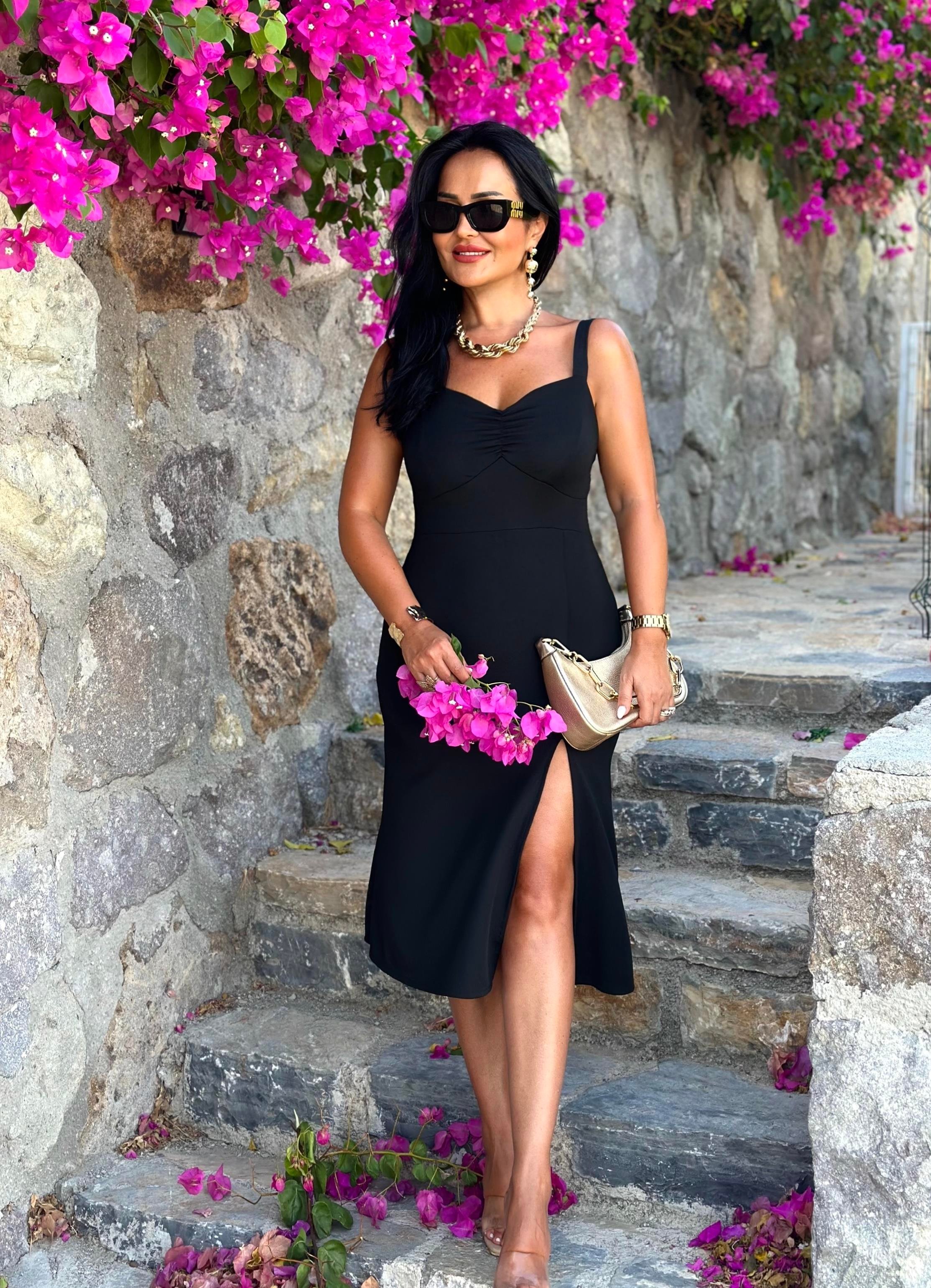 4548 Bağlamalı siyah yırtmaçlı elbise 4548