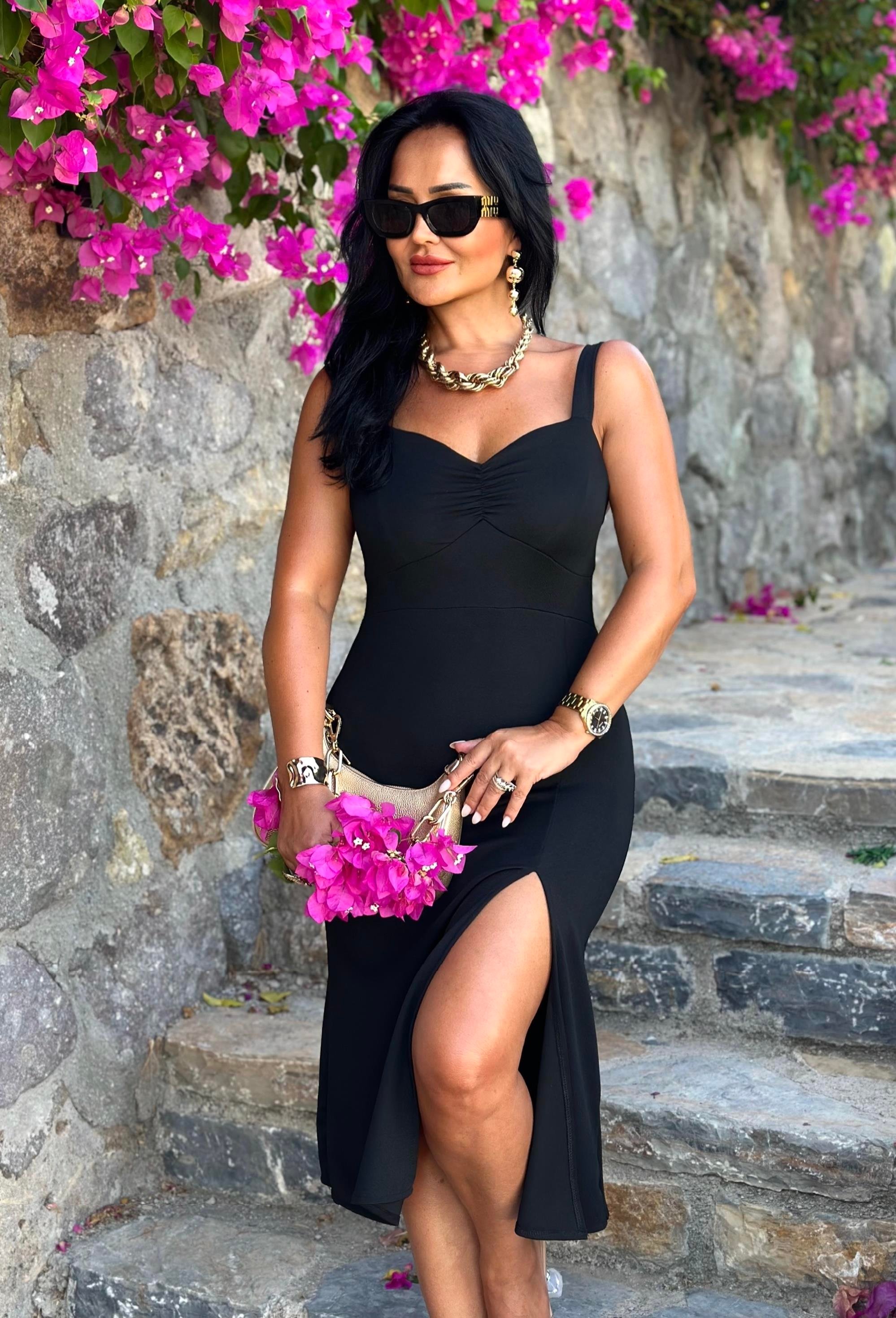 4548 Bağlamalı siyah yırtmaçlı elbise 4548