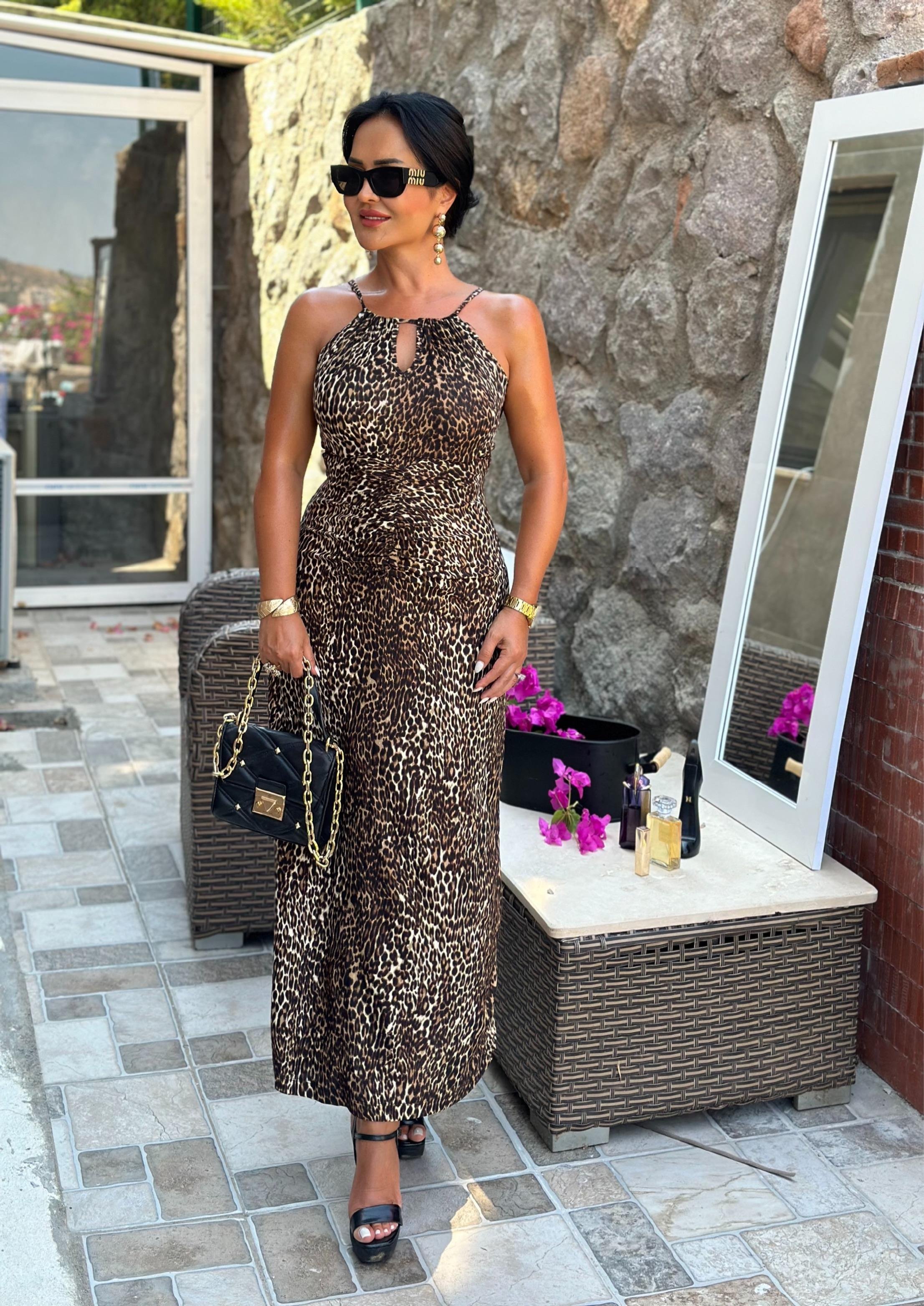 4550 Leopar uzun elbise4550