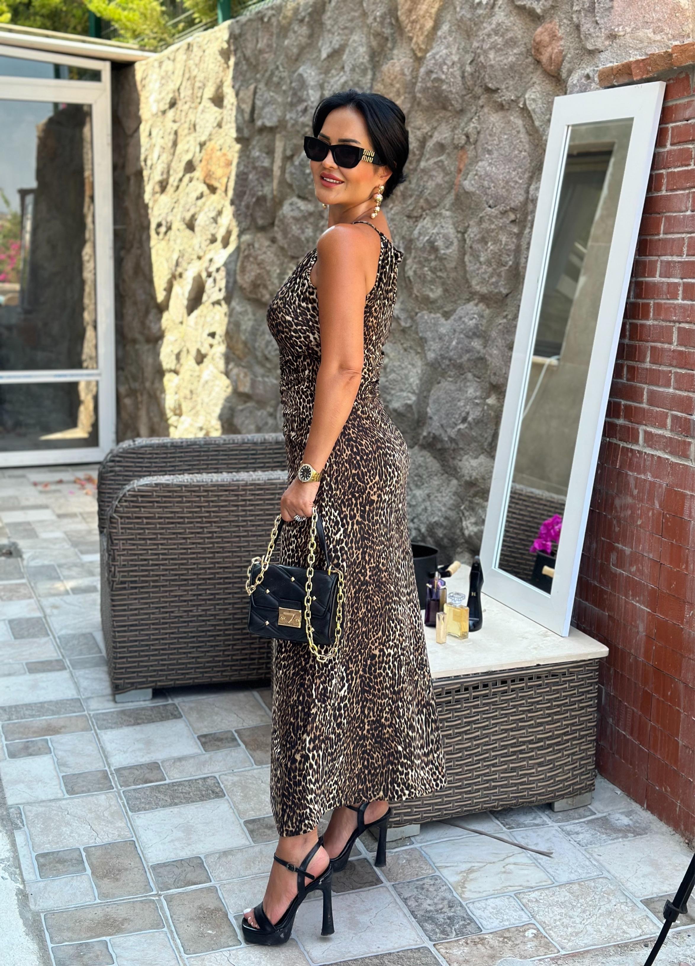 4550 Leopar uzun elbise4550