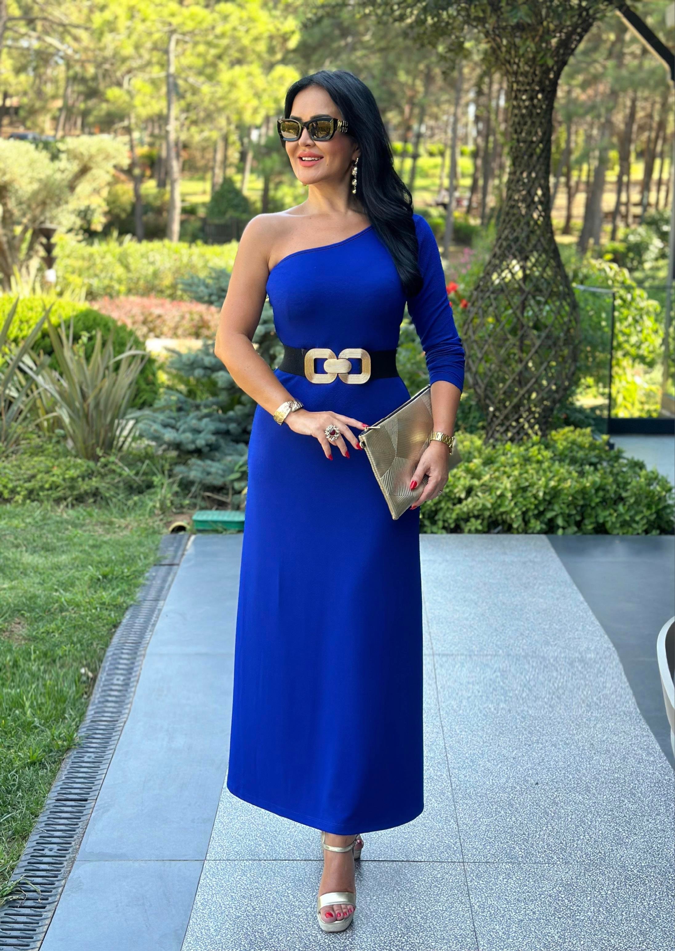 4562 Tek kol mavi elbise 4562