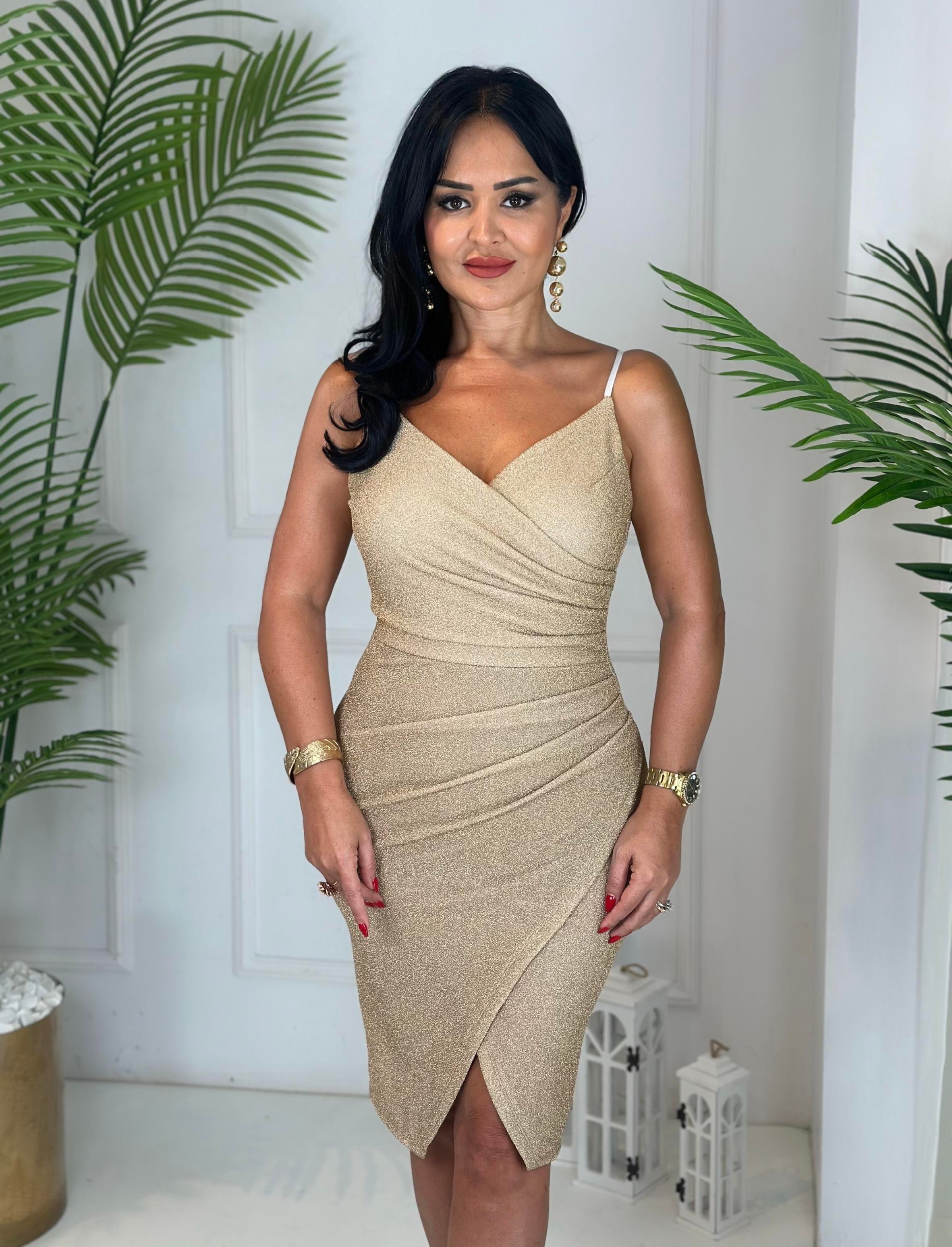 4568 GOLD KISA  SİMLİ ELBİSE4568