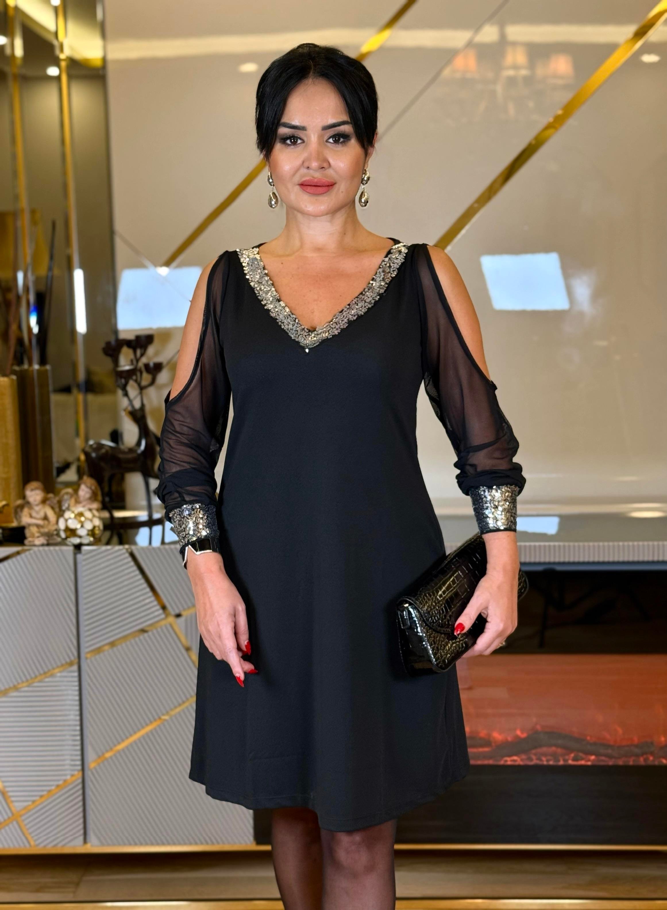 4571 Nakış Payetli  Siyah Elbise 4571