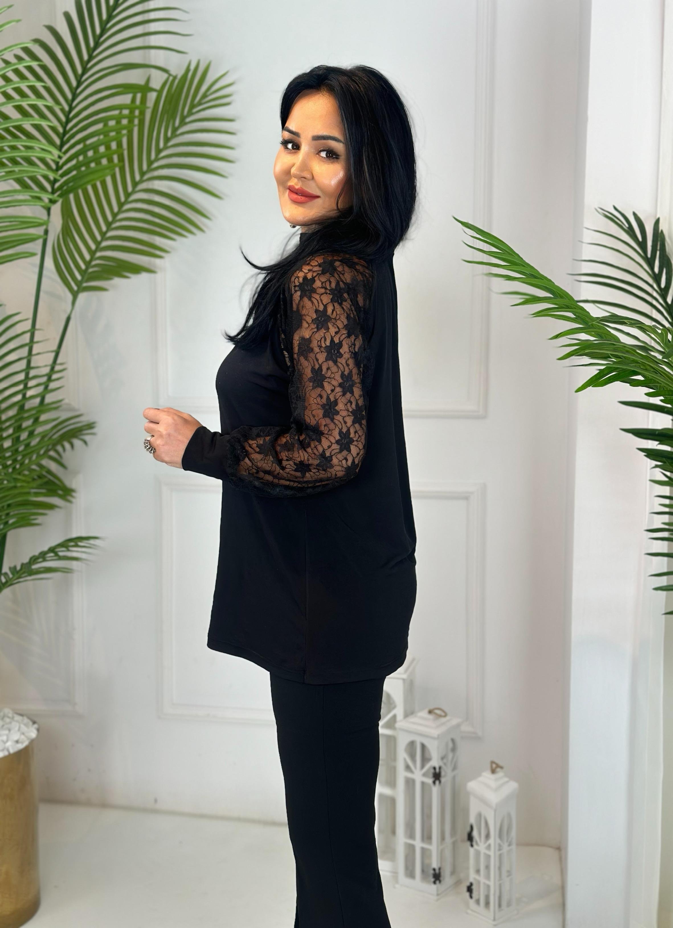 4579 Boyun Detay Siyah Tül Bluz4579