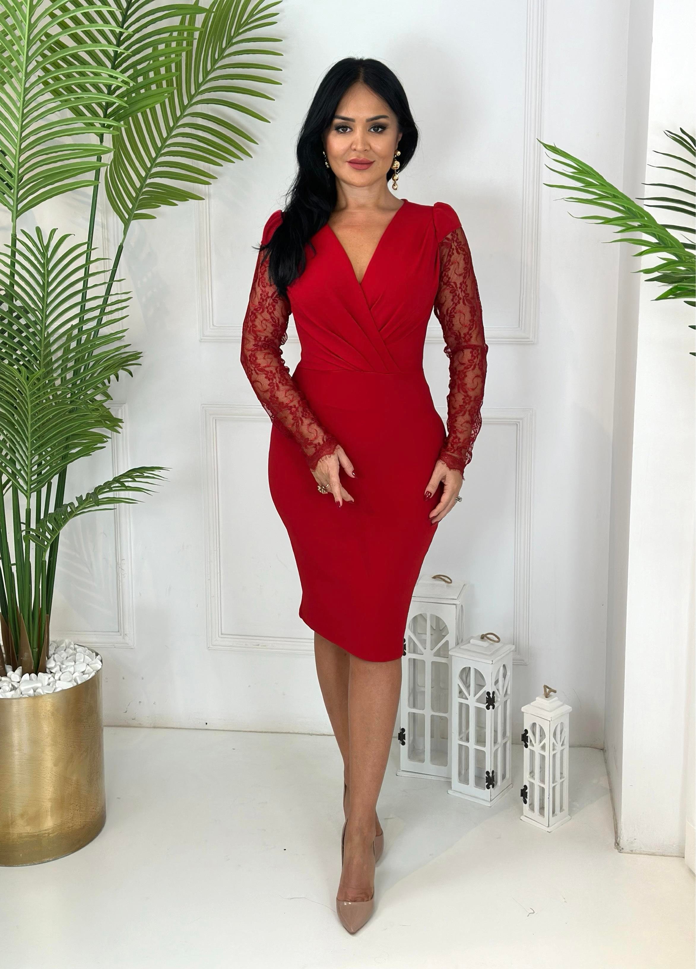 4586 Kruvaze yaka kolu dantelli kırmızı elbise 4586