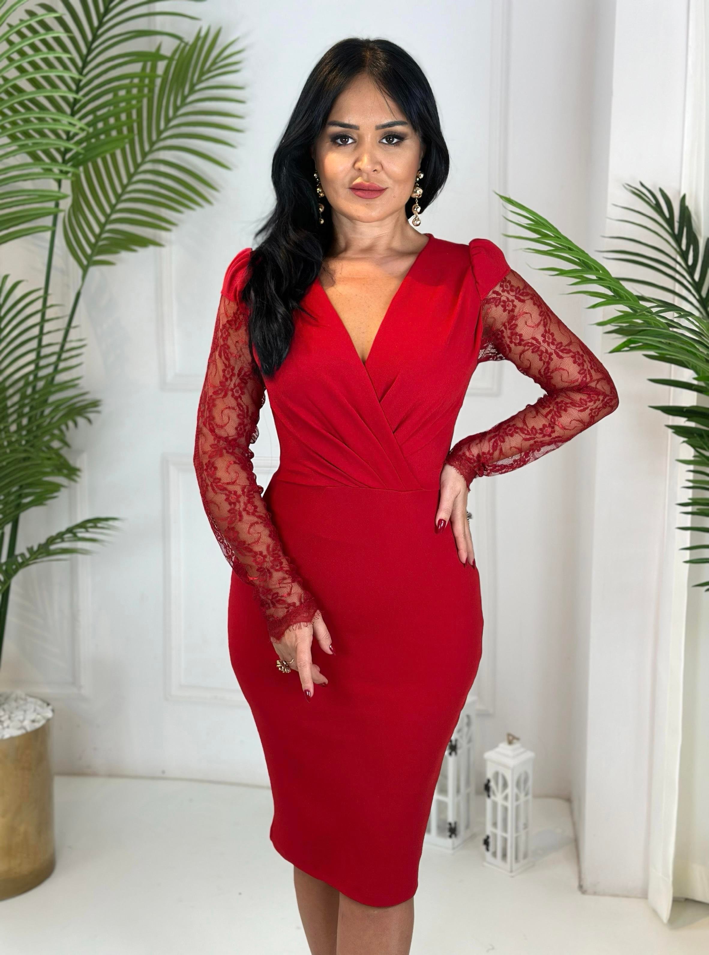 4586 Kruvaze yaka kolu dantelli kırmızı elbise 4586