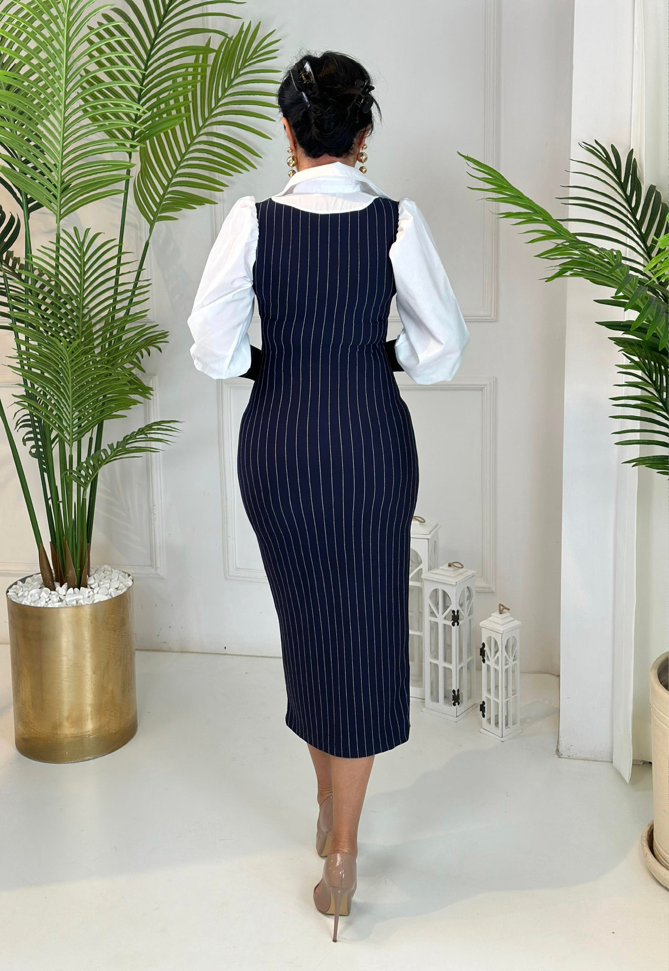 4587 Gömlek yaka çizgili lacivert elbise 4587