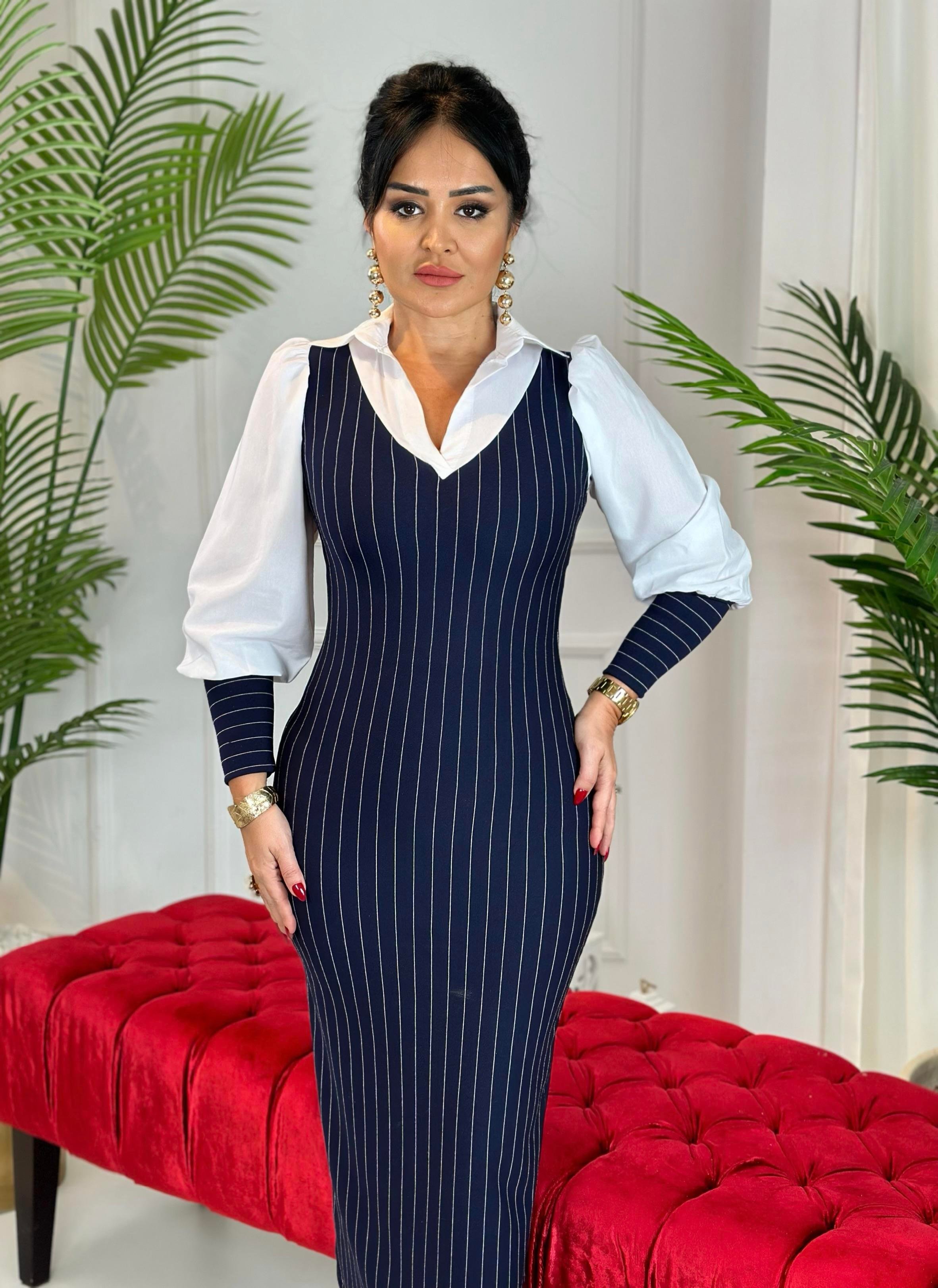 4587 Gömlek yaka çizgili lacivert elbise 4587