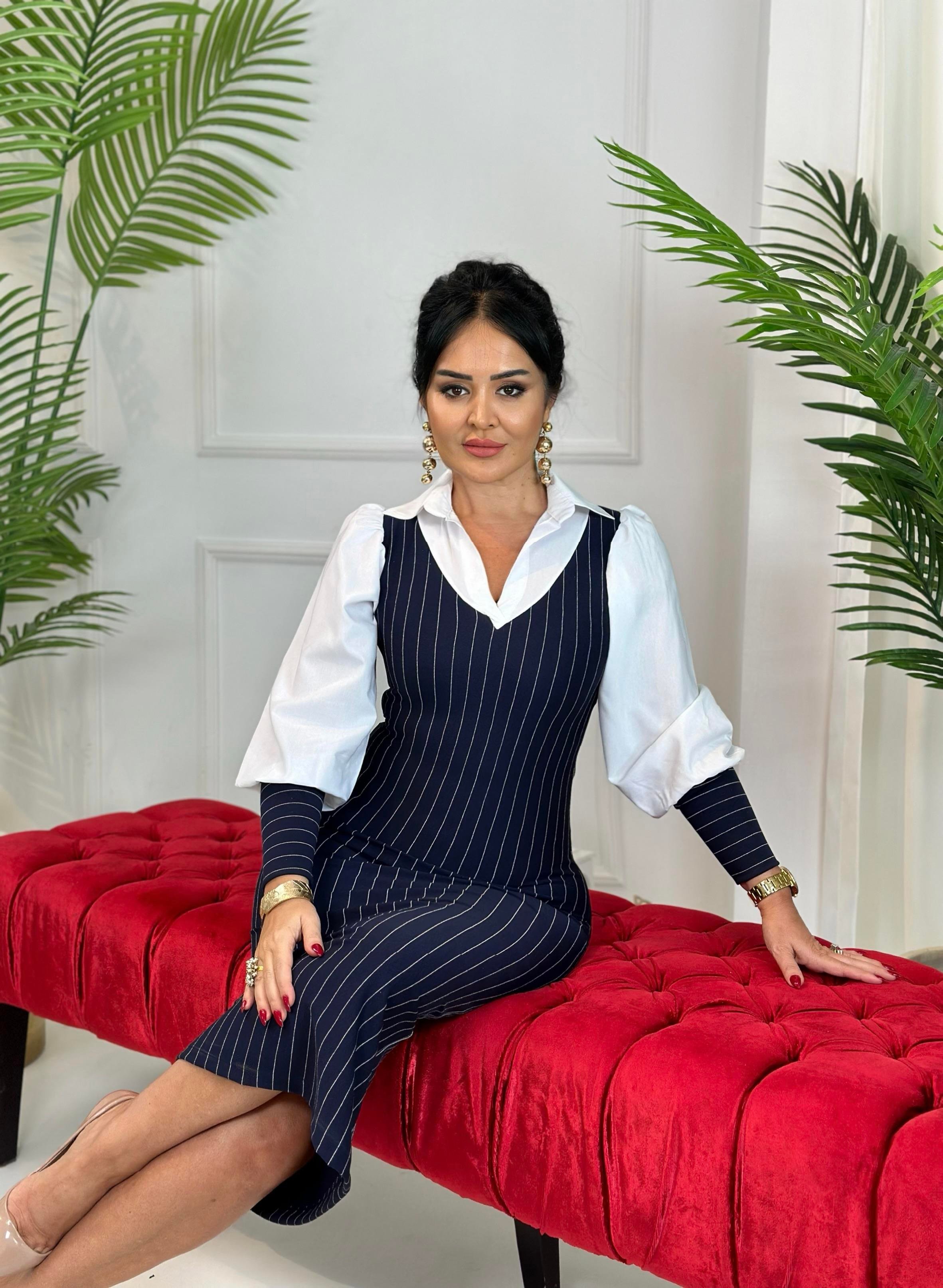 4587 Gömlek yaka çizgili lacivert elbise 4587