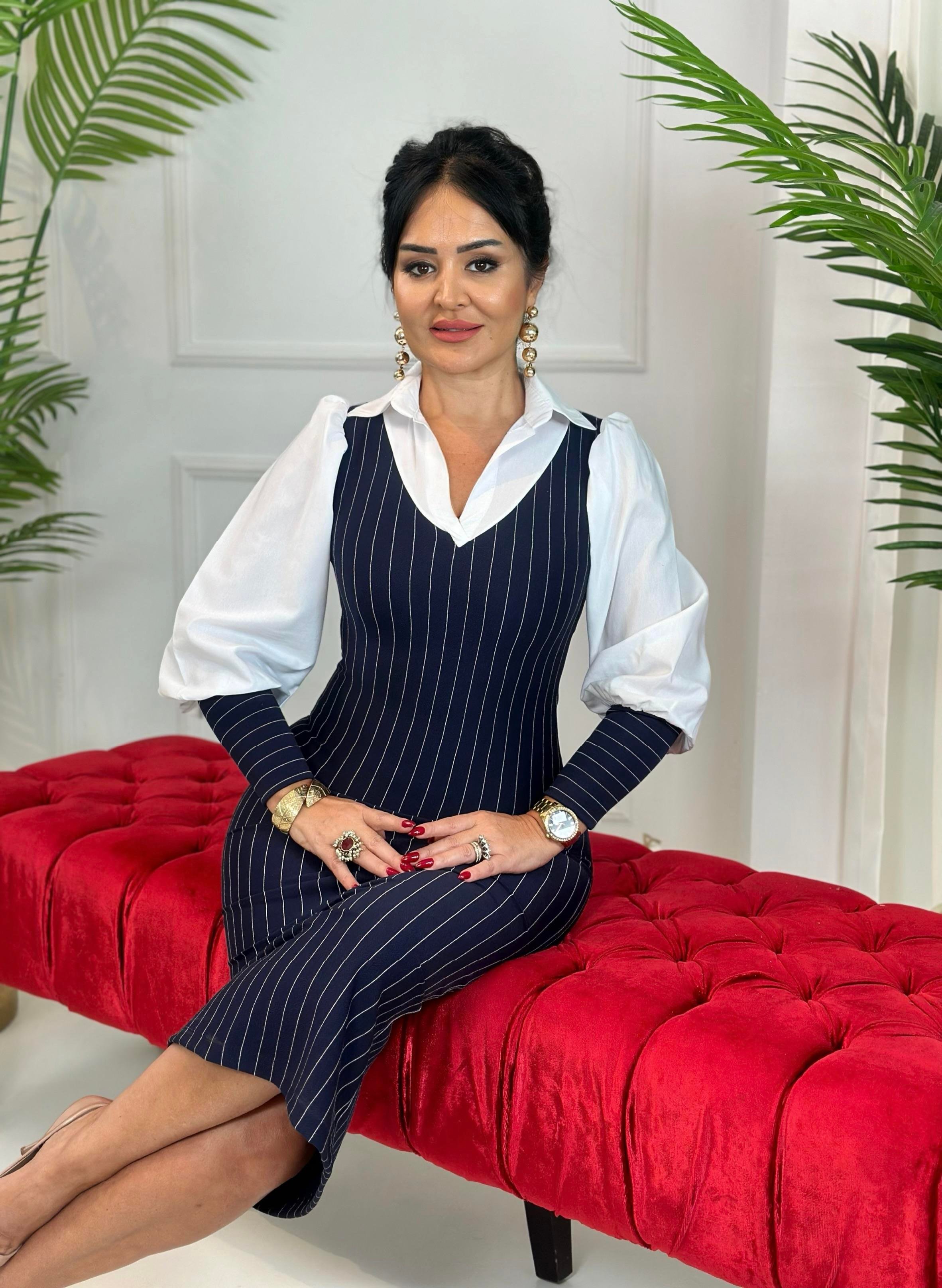 4587 Gömlek yaka çizgili lacivert elbise 4587