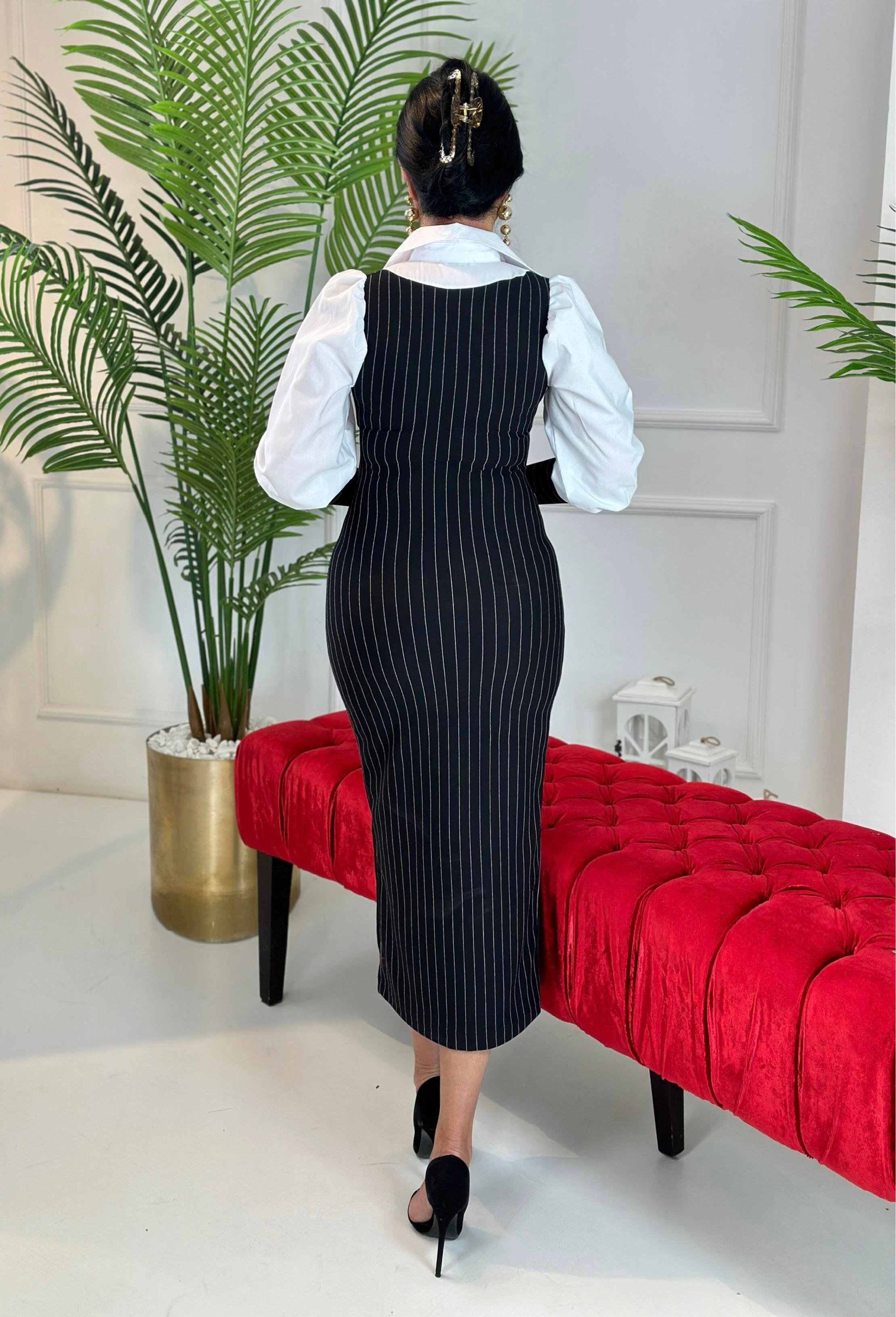 4587 Gömlek yaka çizgili siyah elbise 4587