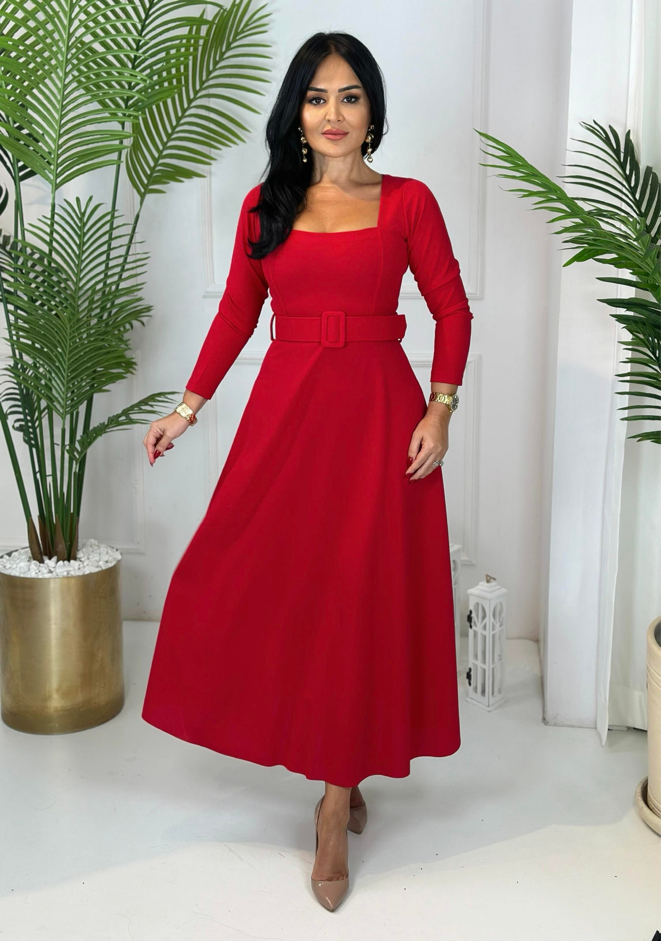 4588 Kare yaka kırmızı kemerli  elbise 4588