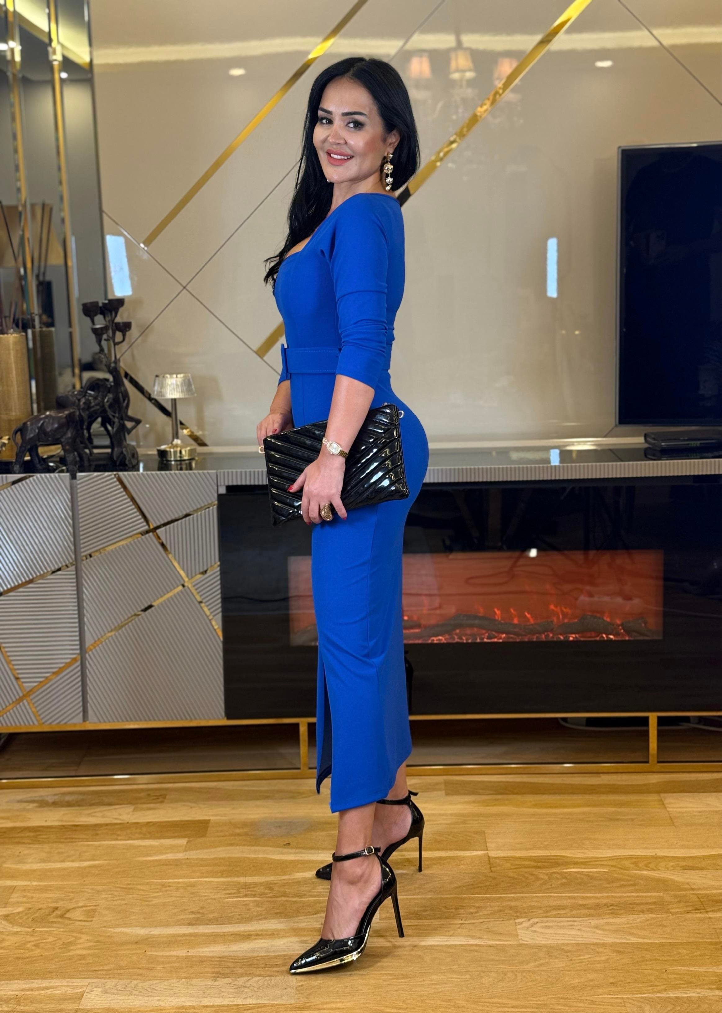 4589 Kare yaka   mavi kemerli  elbise 4589