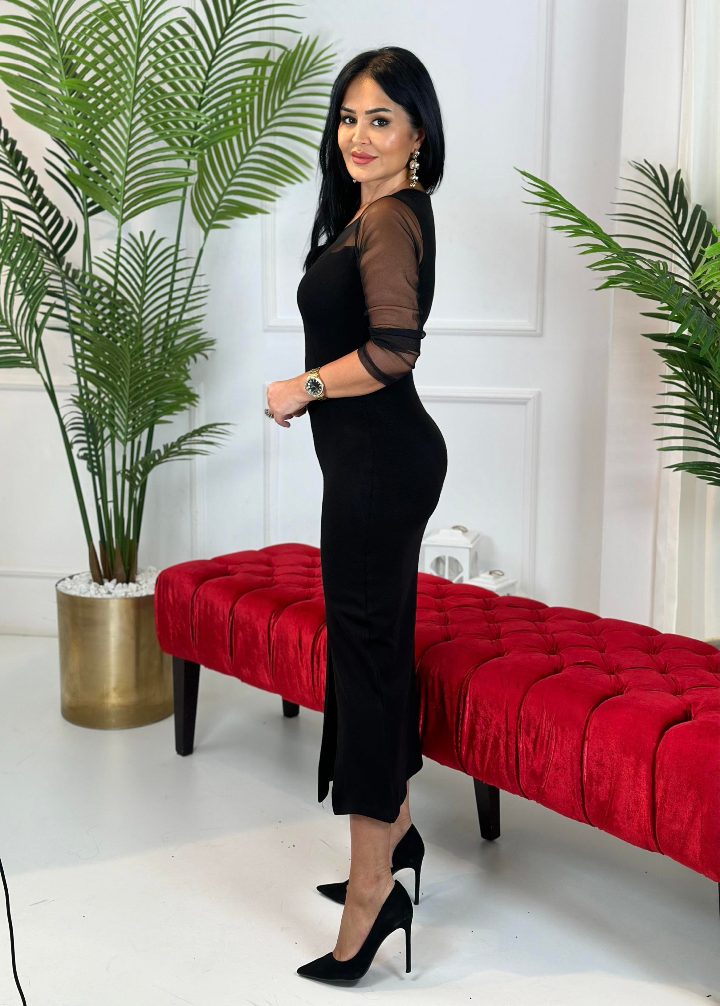 4594 Siyah   yakası tül elbise 4594