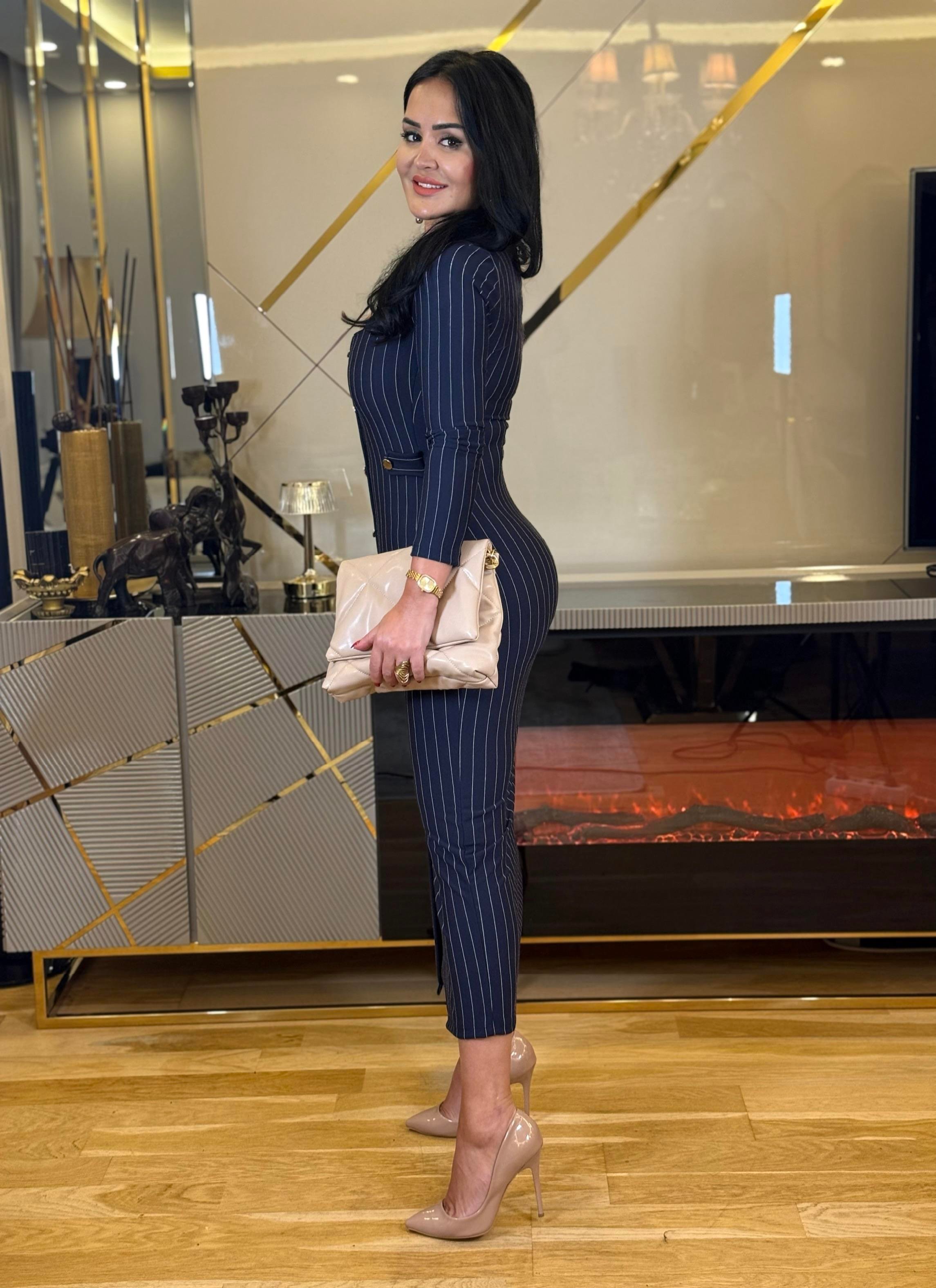 4597 Düğme detaylı çizgili  lacivert elbise 4597