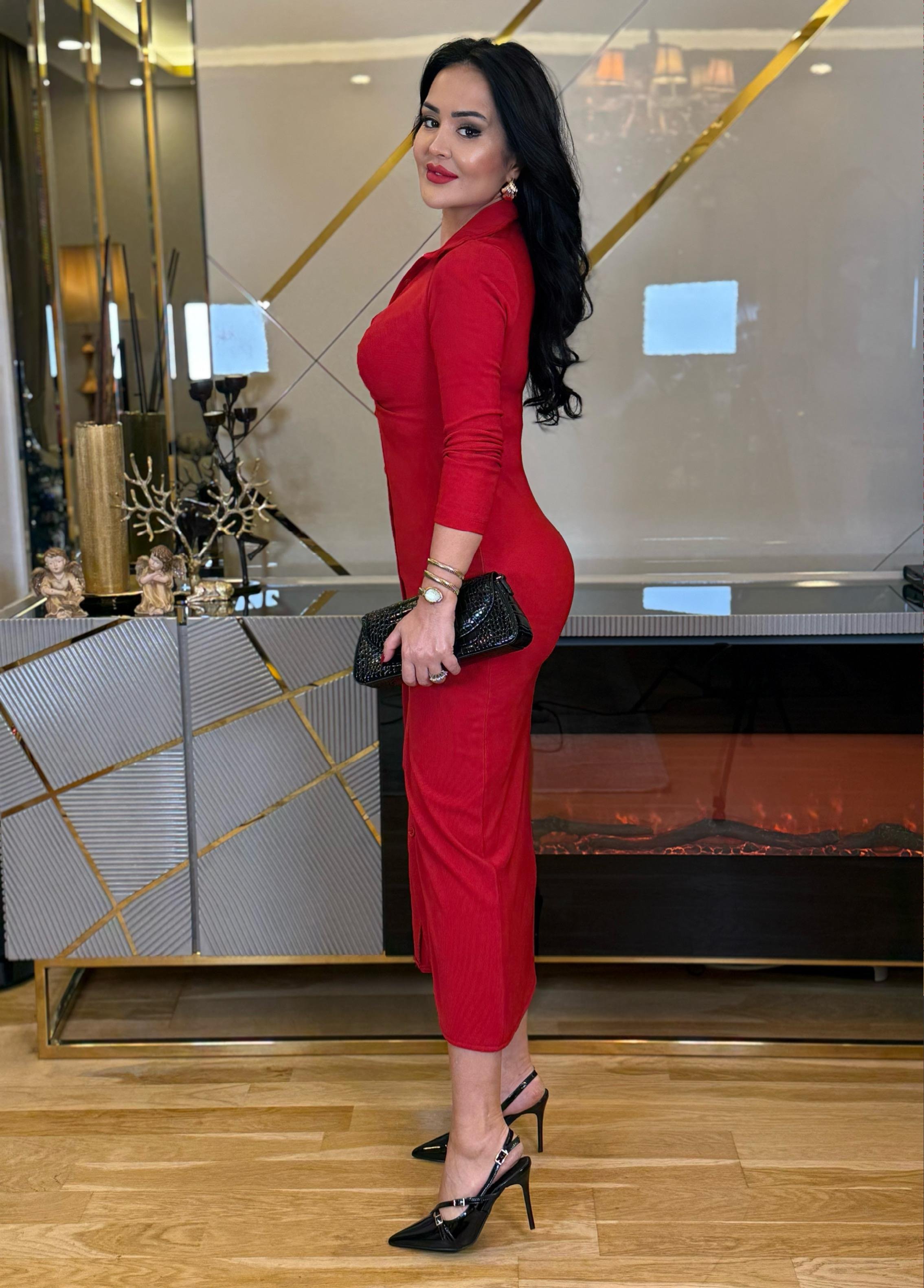 4610 Gömlek  yaka kırmızı elbise4610