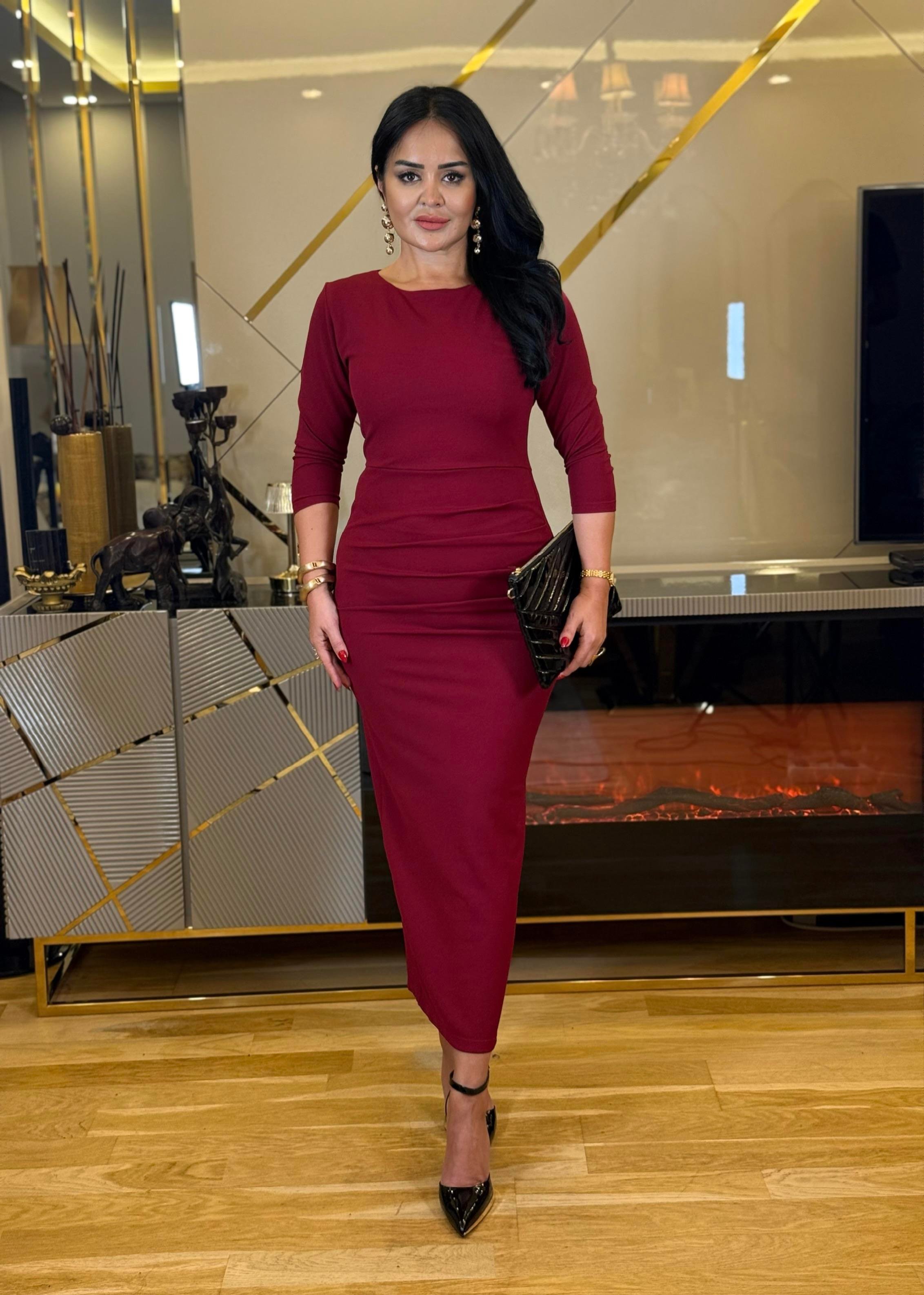 4619 Drapeli   double krep uzun bordo elbise4619