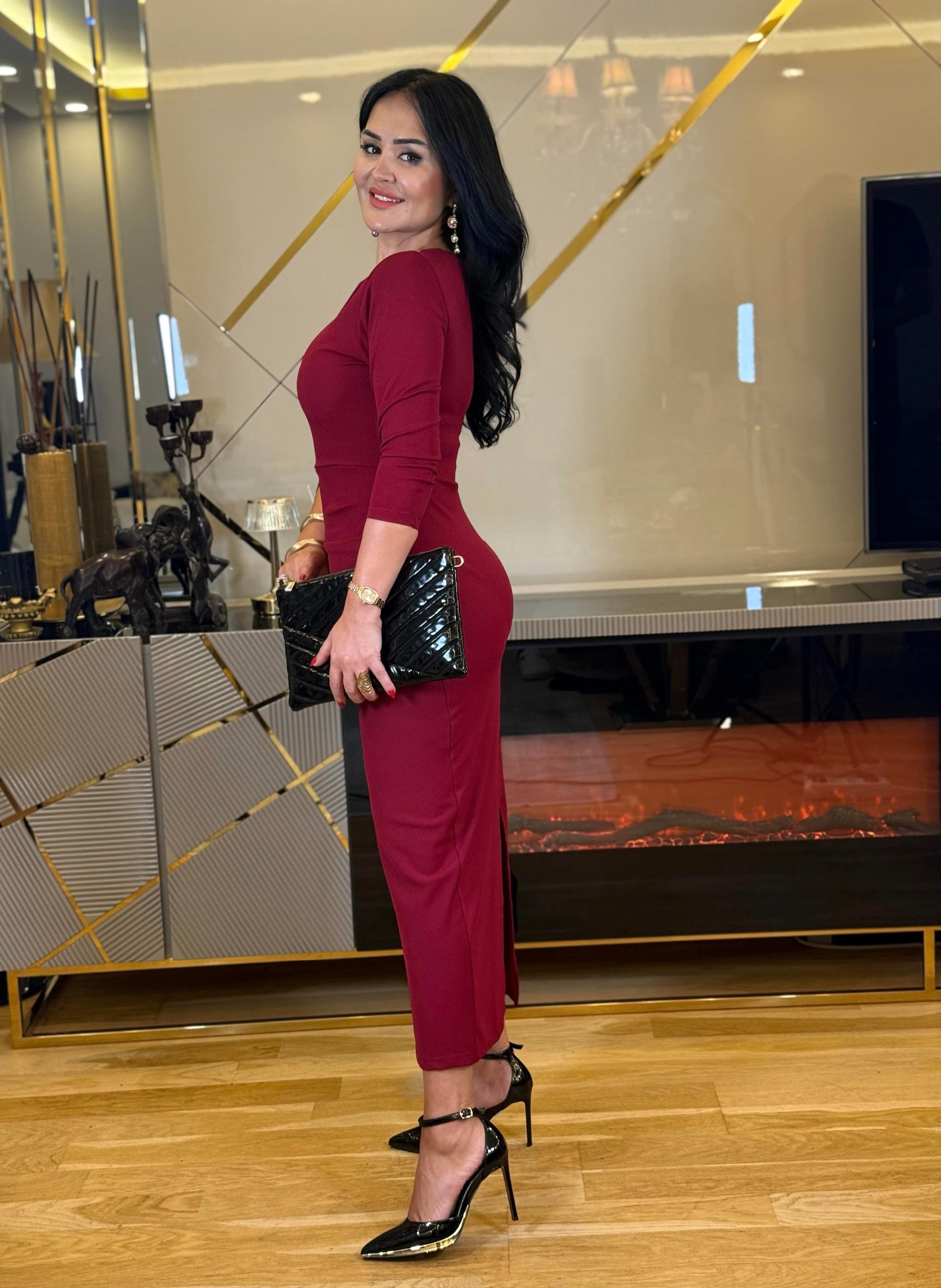 4619 Drapeli   double krep uzun bordo elbise4619