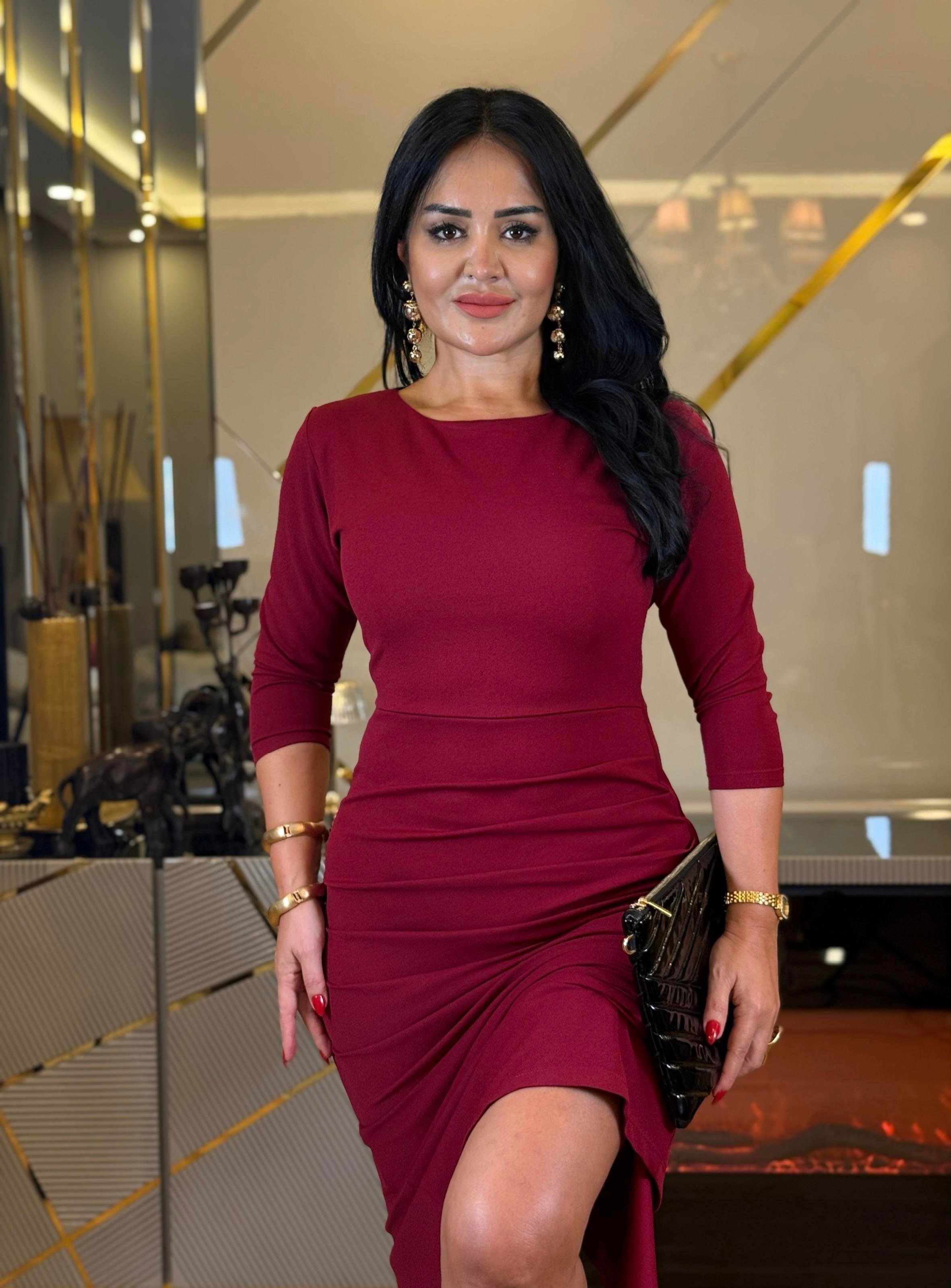 4619 Drapeli   double krep uzun bordo elbise4619