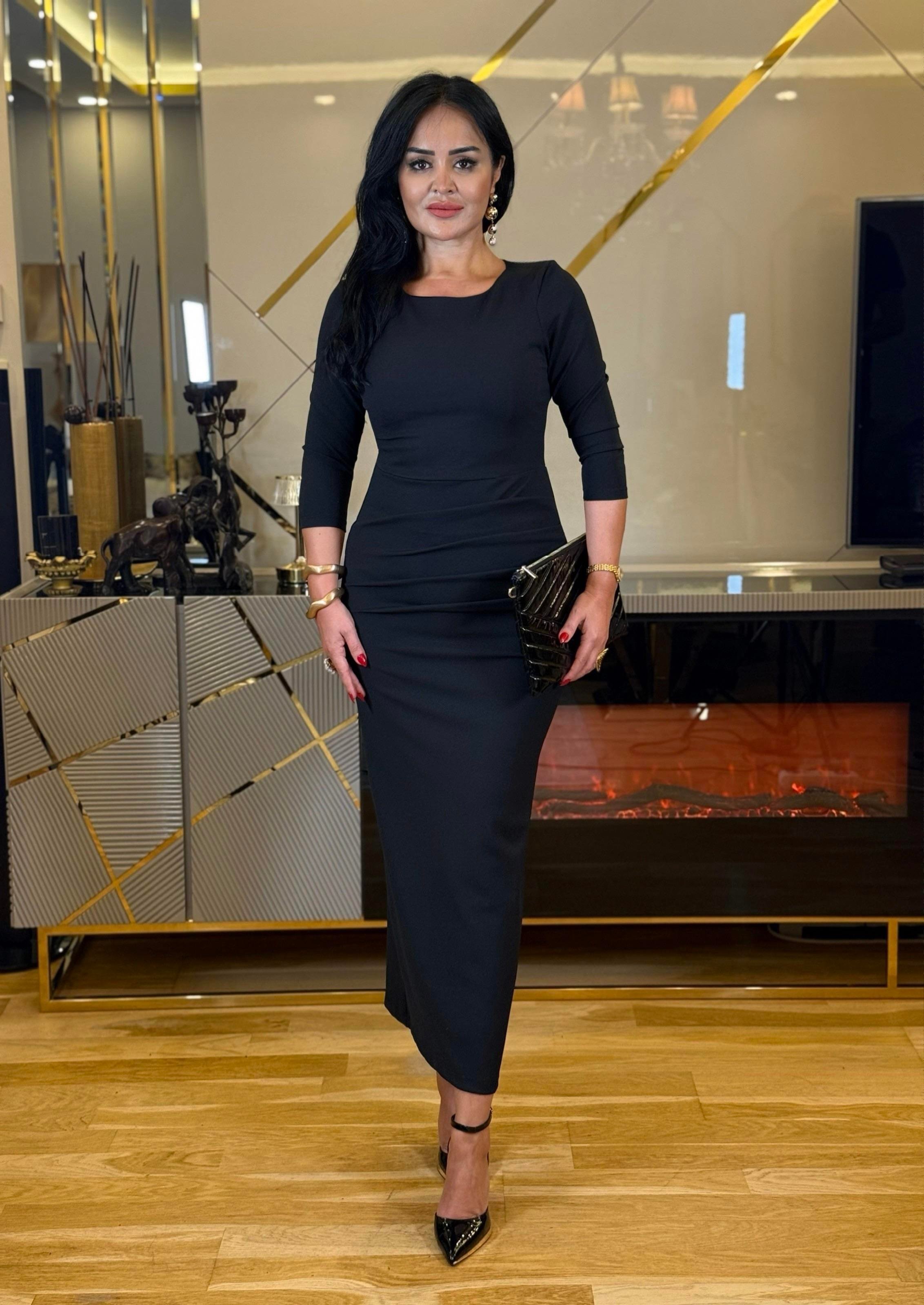 4619  Drapeli double krep uzun siyah elbise4619