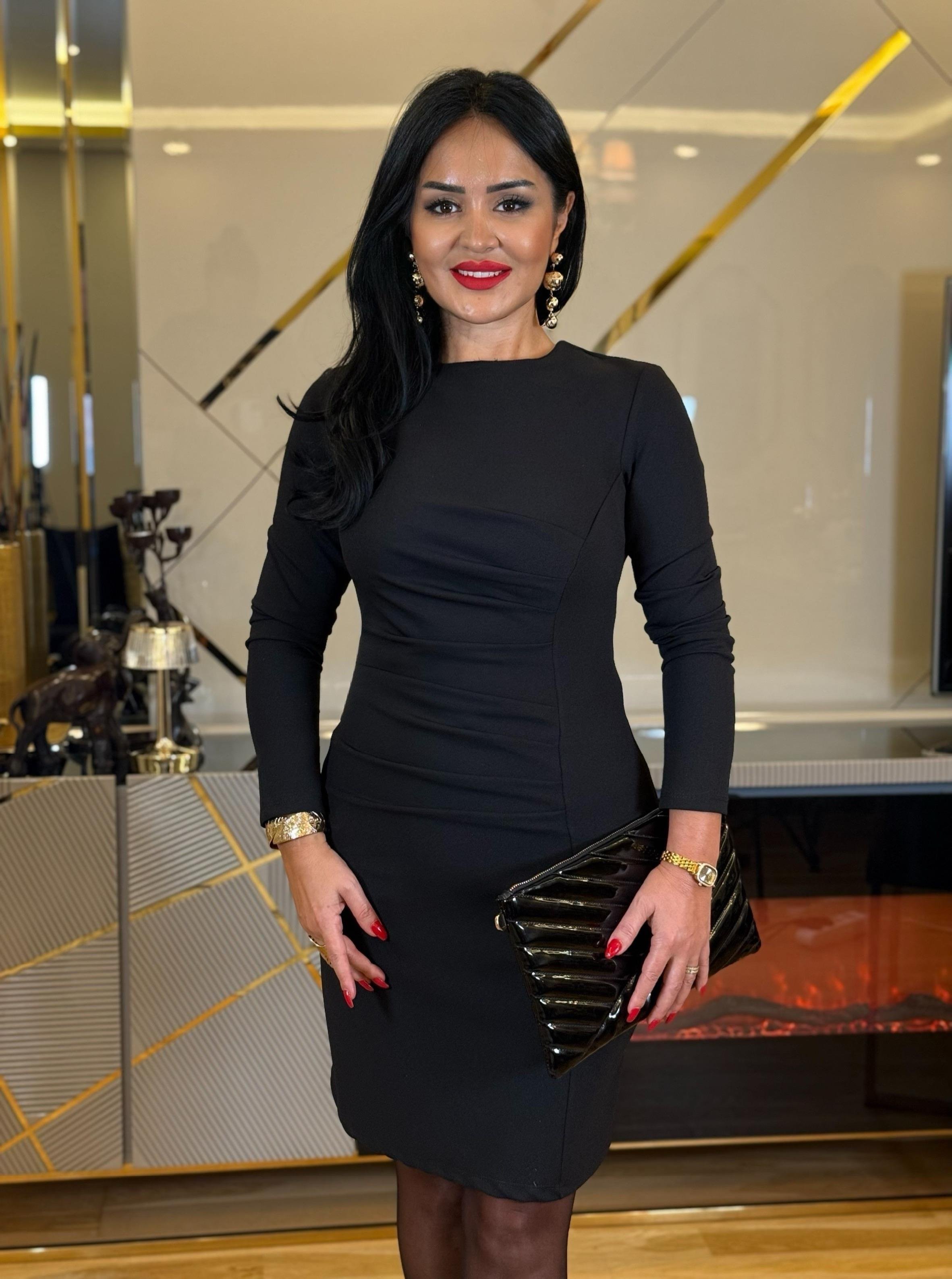 4620 Drapeli double krep uzun kol  siyah  elbise4620