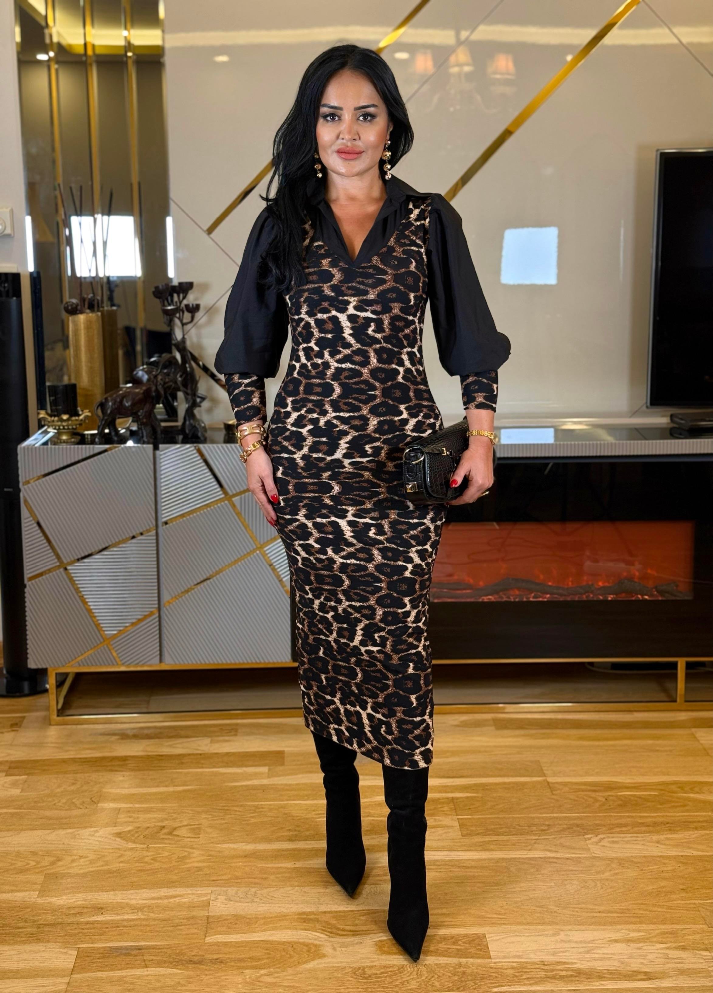 4621 Gömlek yaka leopar elbise4621