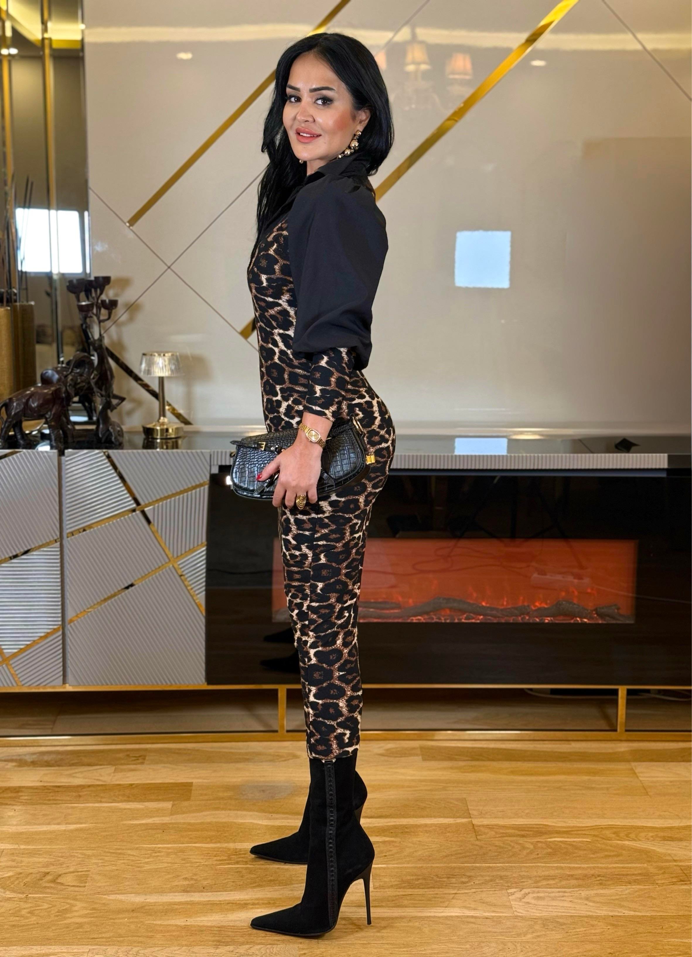 4621 Gömlek yaka leopar elbise4621