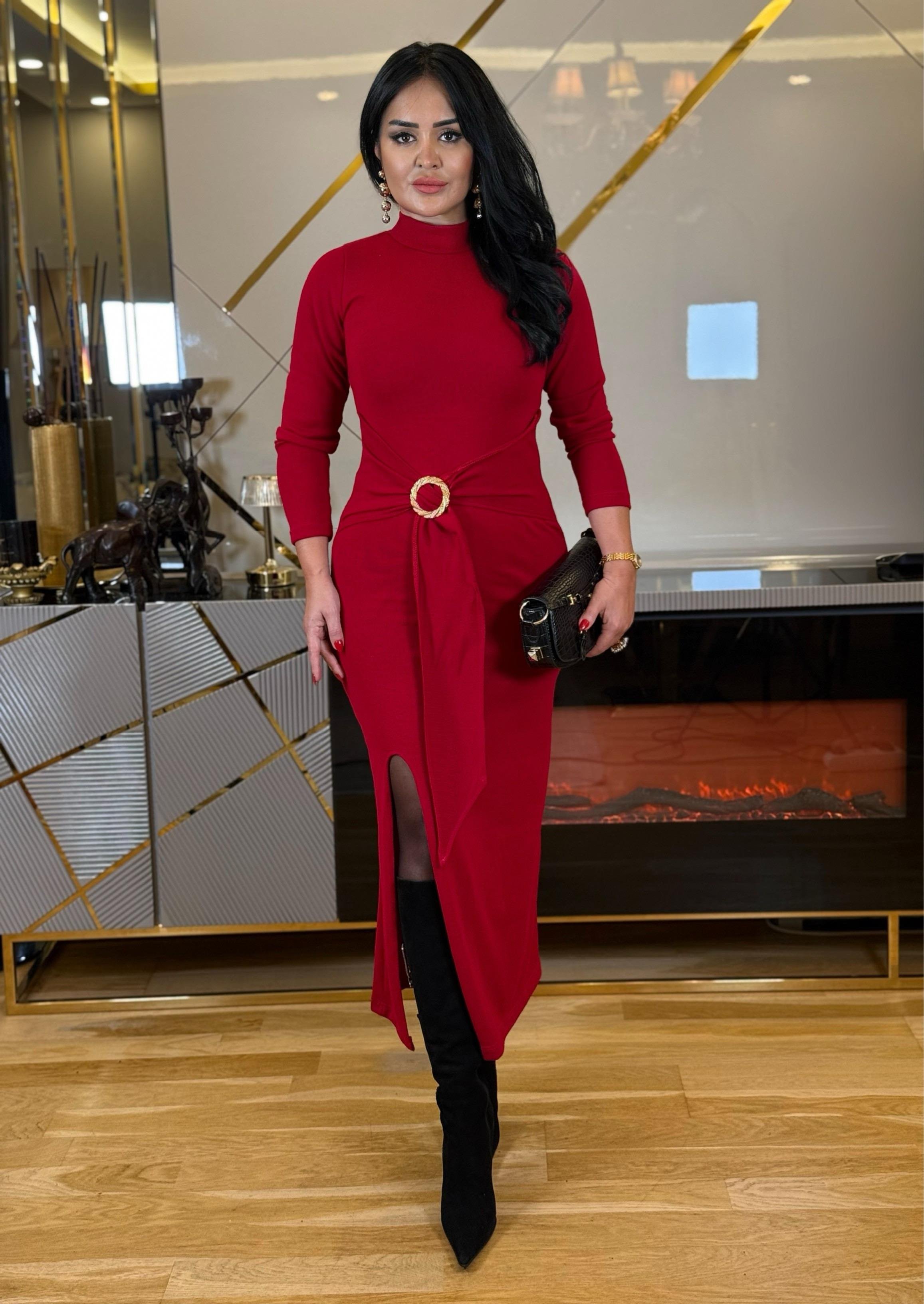 4623 Balıkçı yaka kırmızı uzun elbise4623