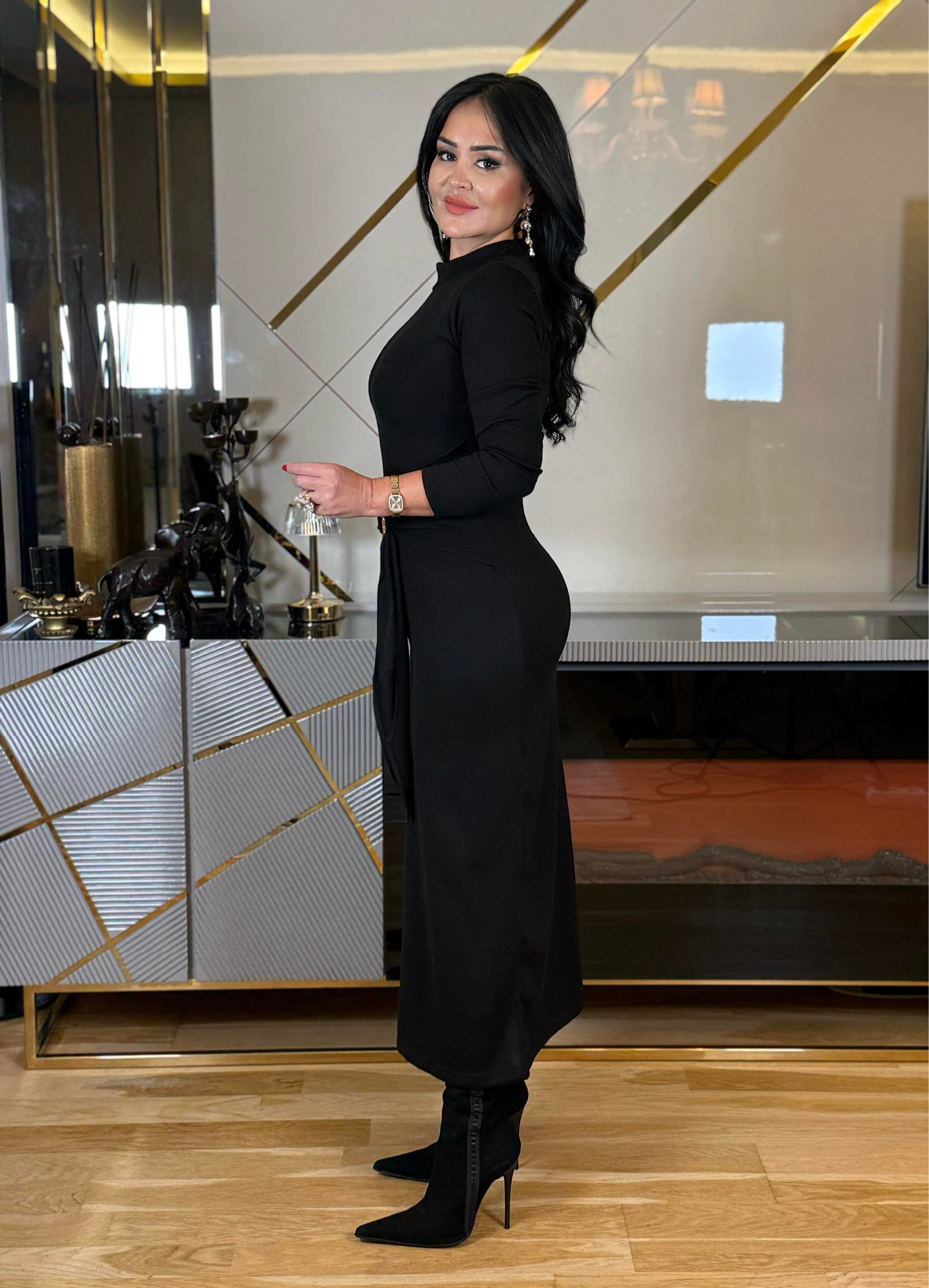 4623 Balıkçı yaka siyah uzun elbise4623