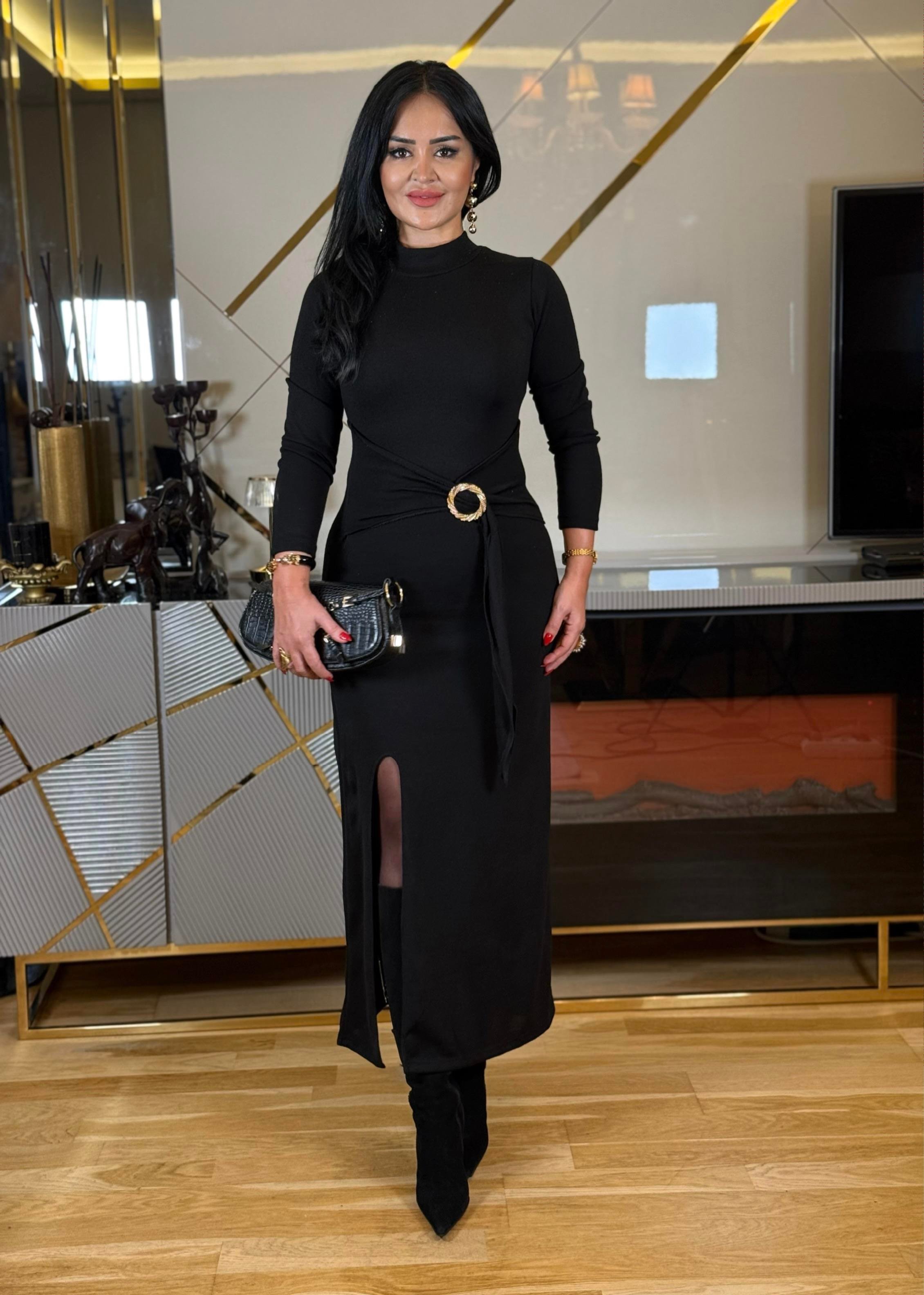 4623 Balıkçı yaka siyah uzun elbise4623