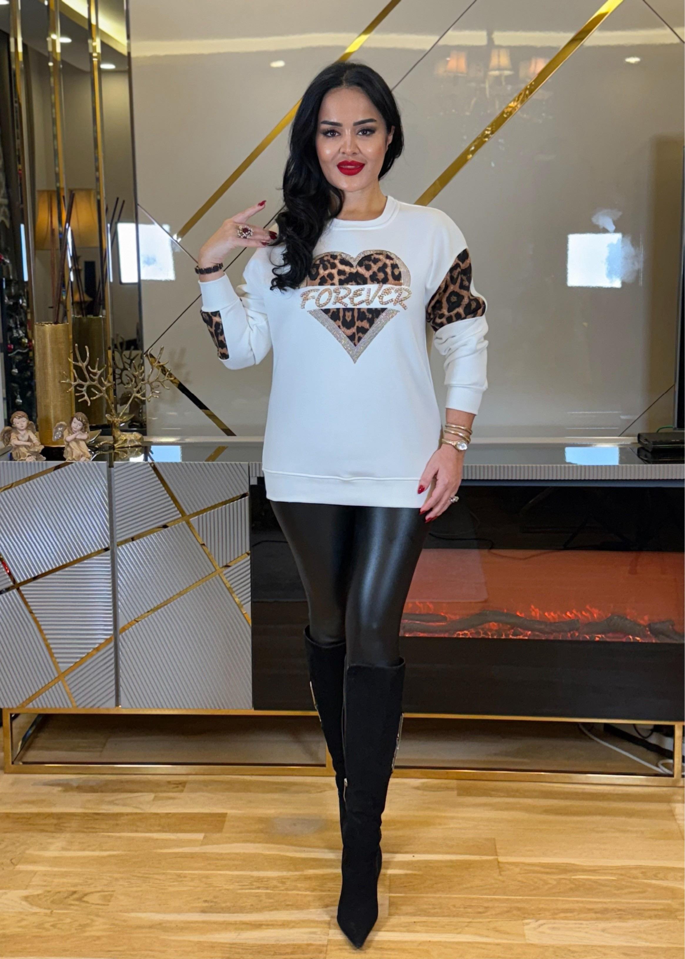 4673 Leopar  detaylı beyaz sweatshirt4673