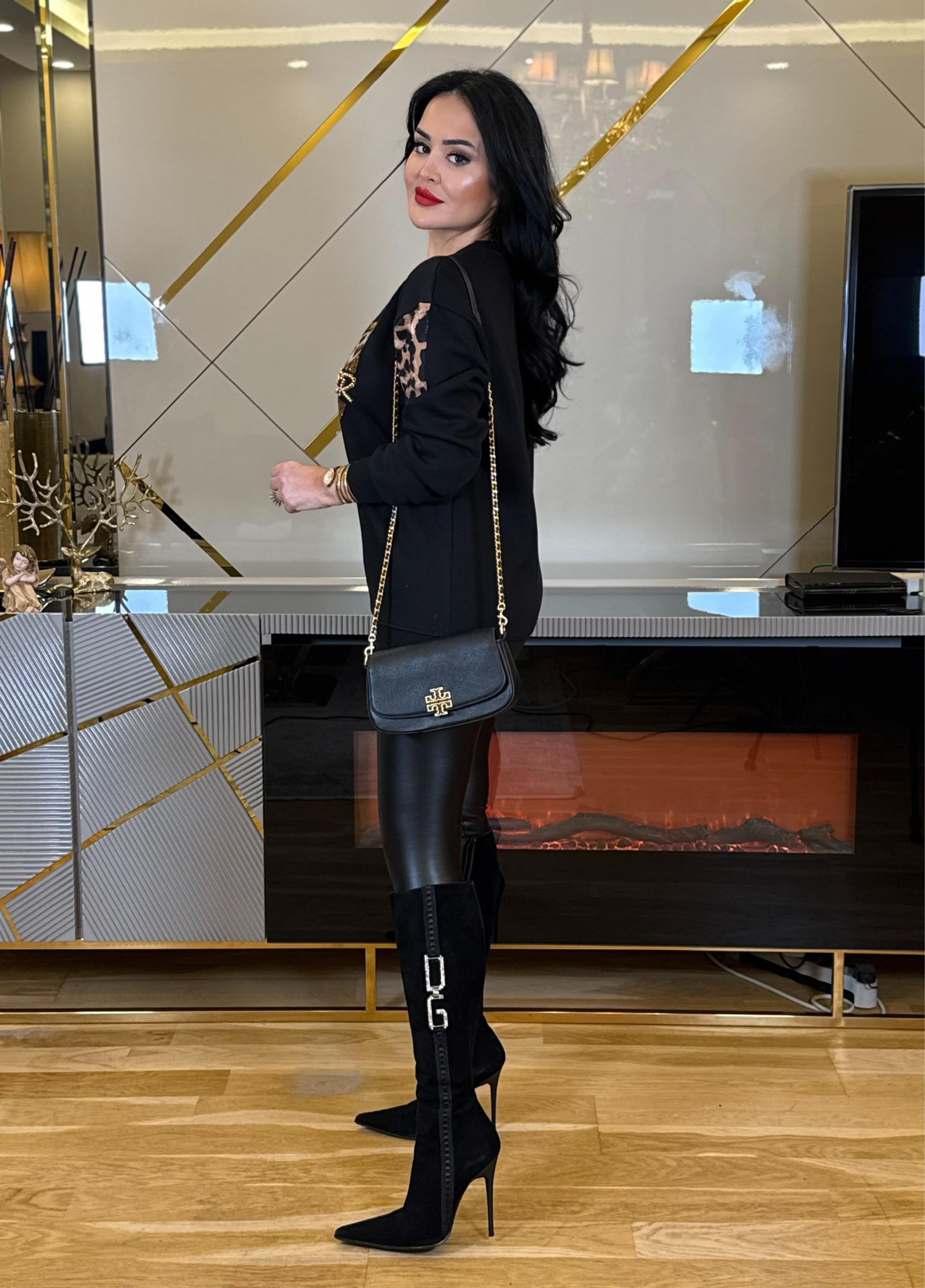 4673 Leopar detaylı  siyah sweatshirt4673
