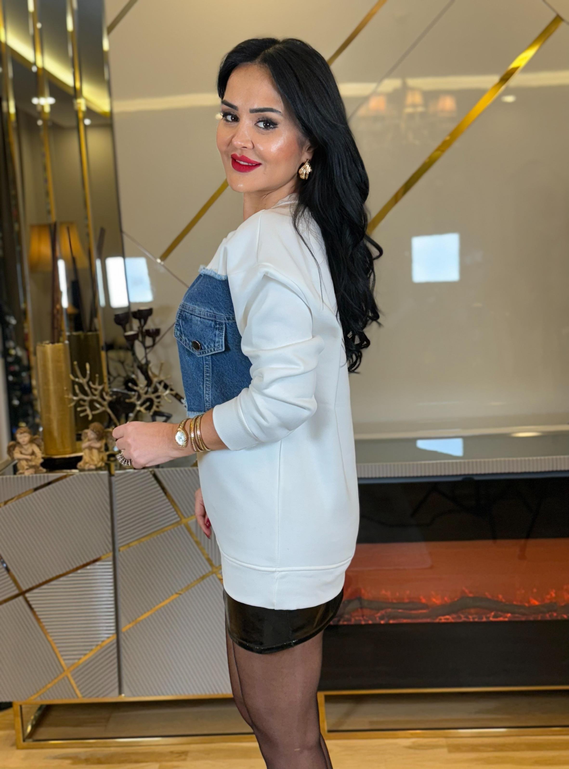 4674 Kot  detaylı beyaz sweatshirt4674