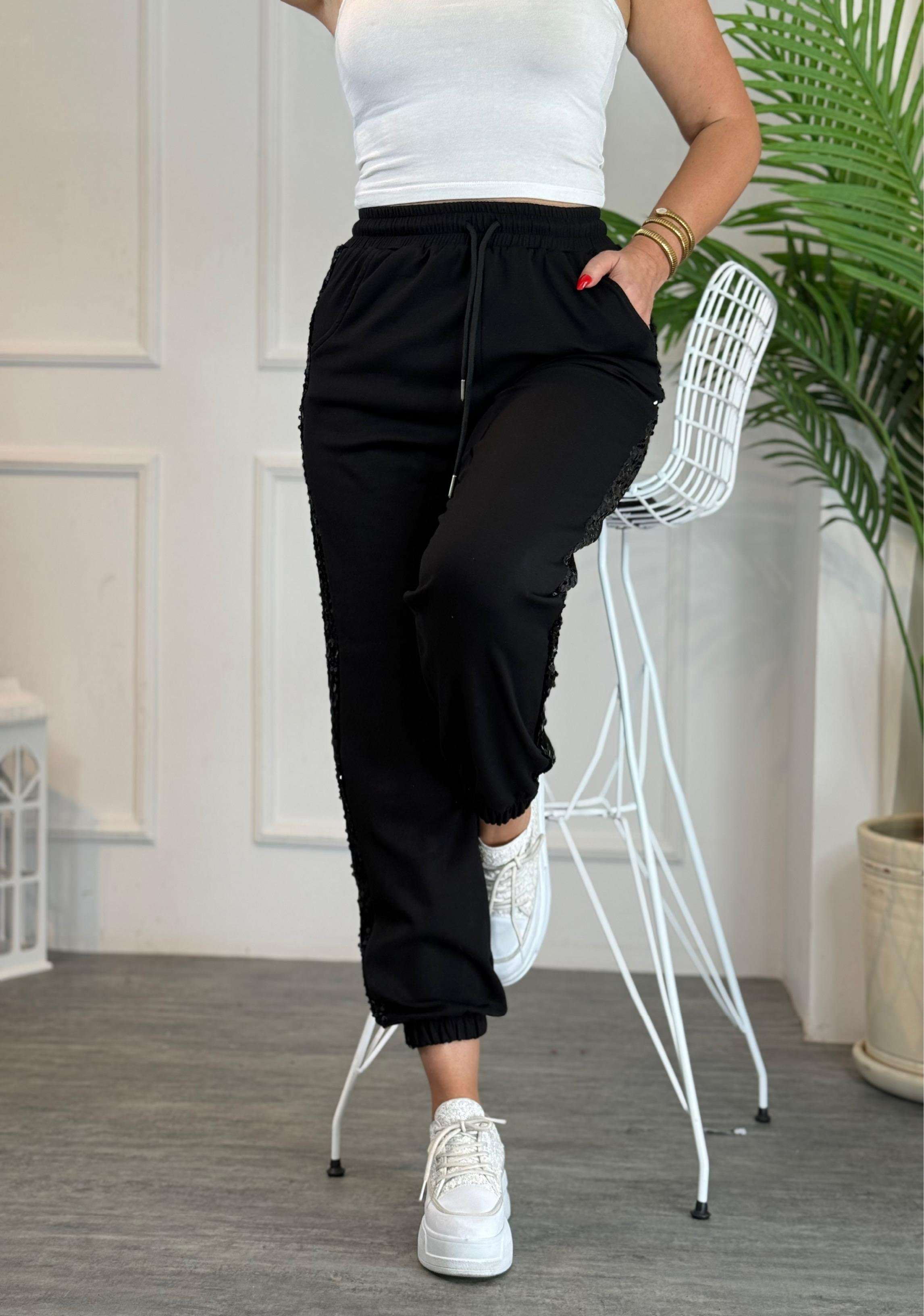 4684 Alvin Yanı    Payetli Detay Dar Paça Eşofman4684