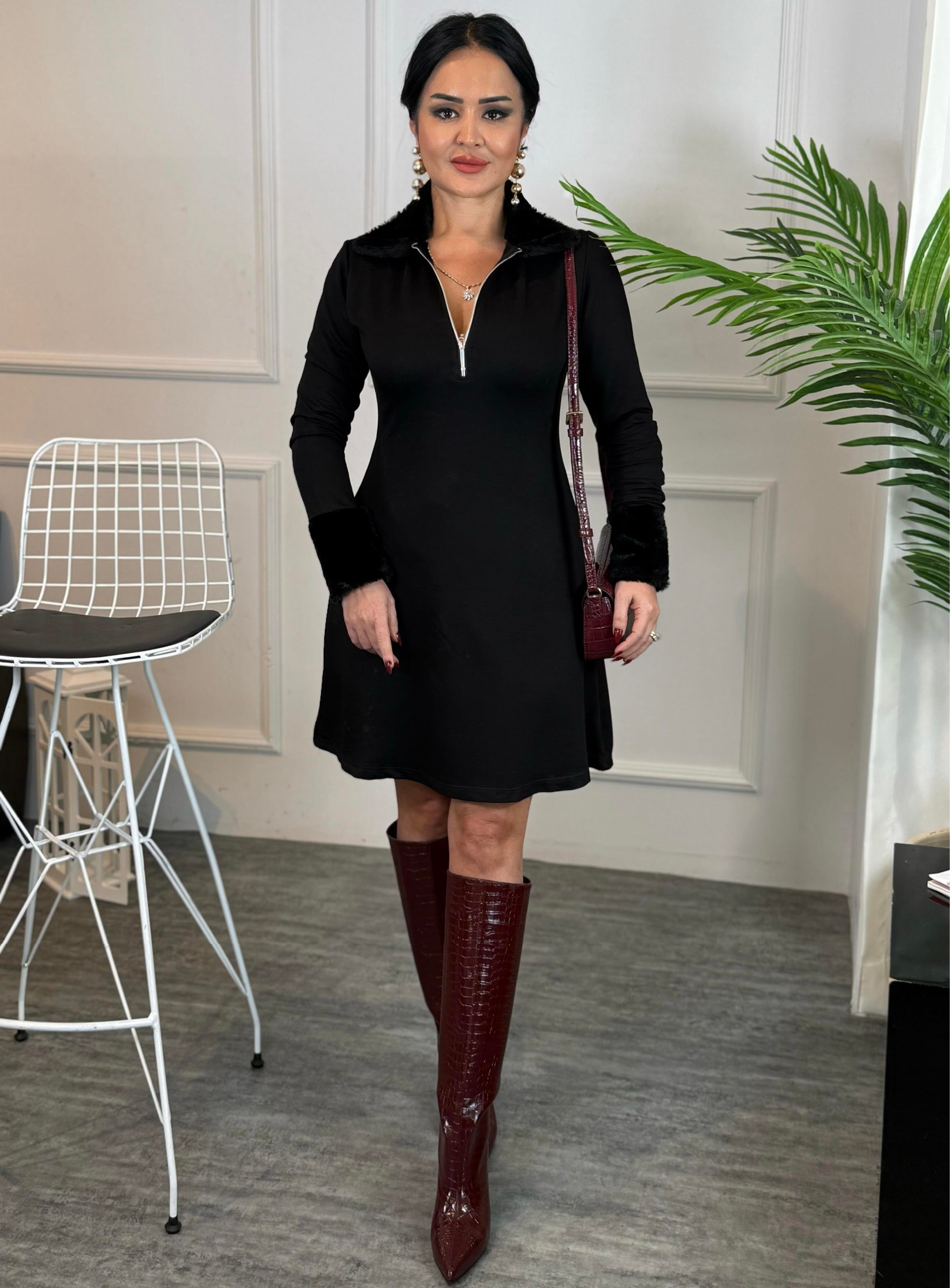 4684 Mosso   Siyah Mini Peluş Yaka Elbise4684