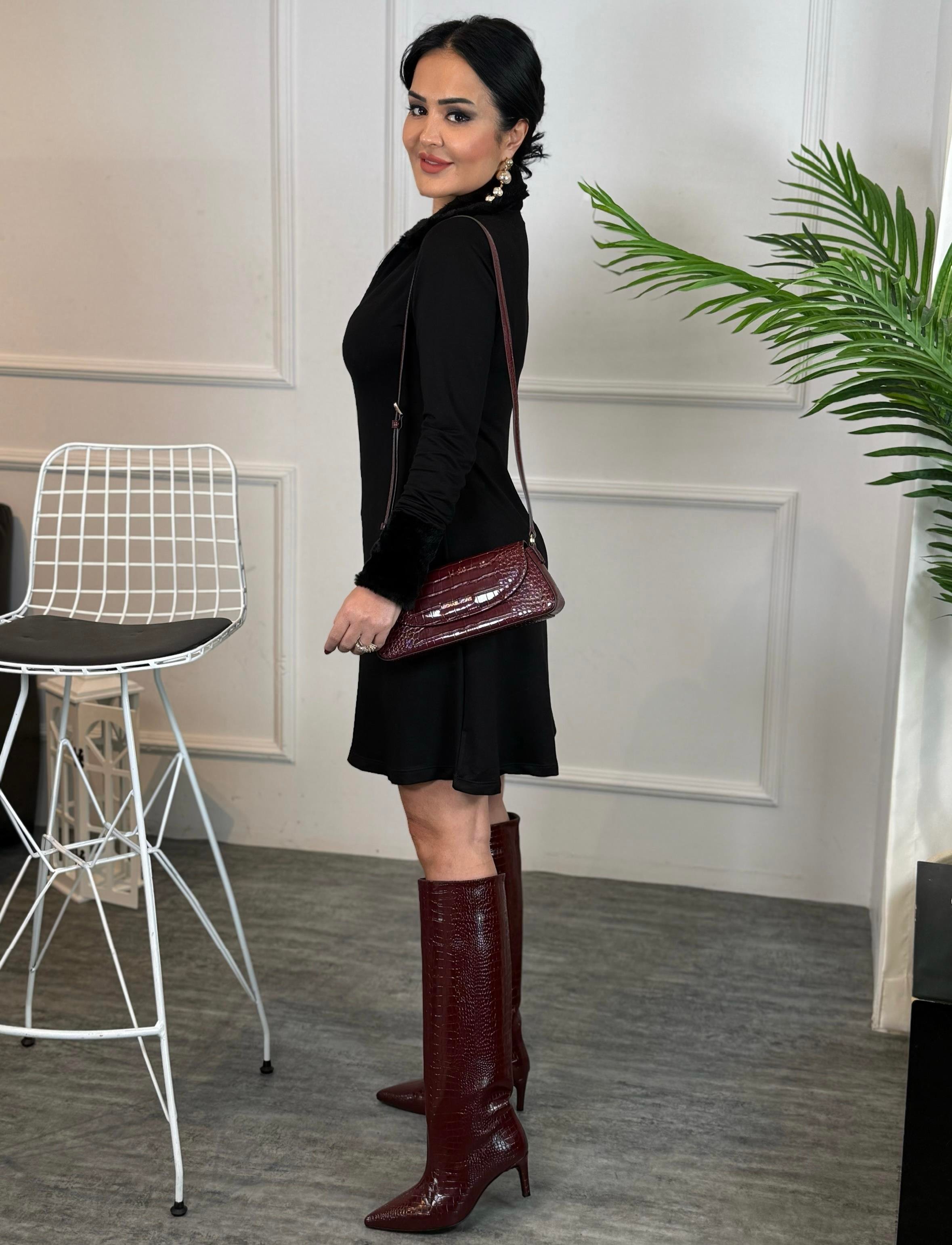 4684 Mosso   Siyah Mini Peluş Yaka Elbise4684