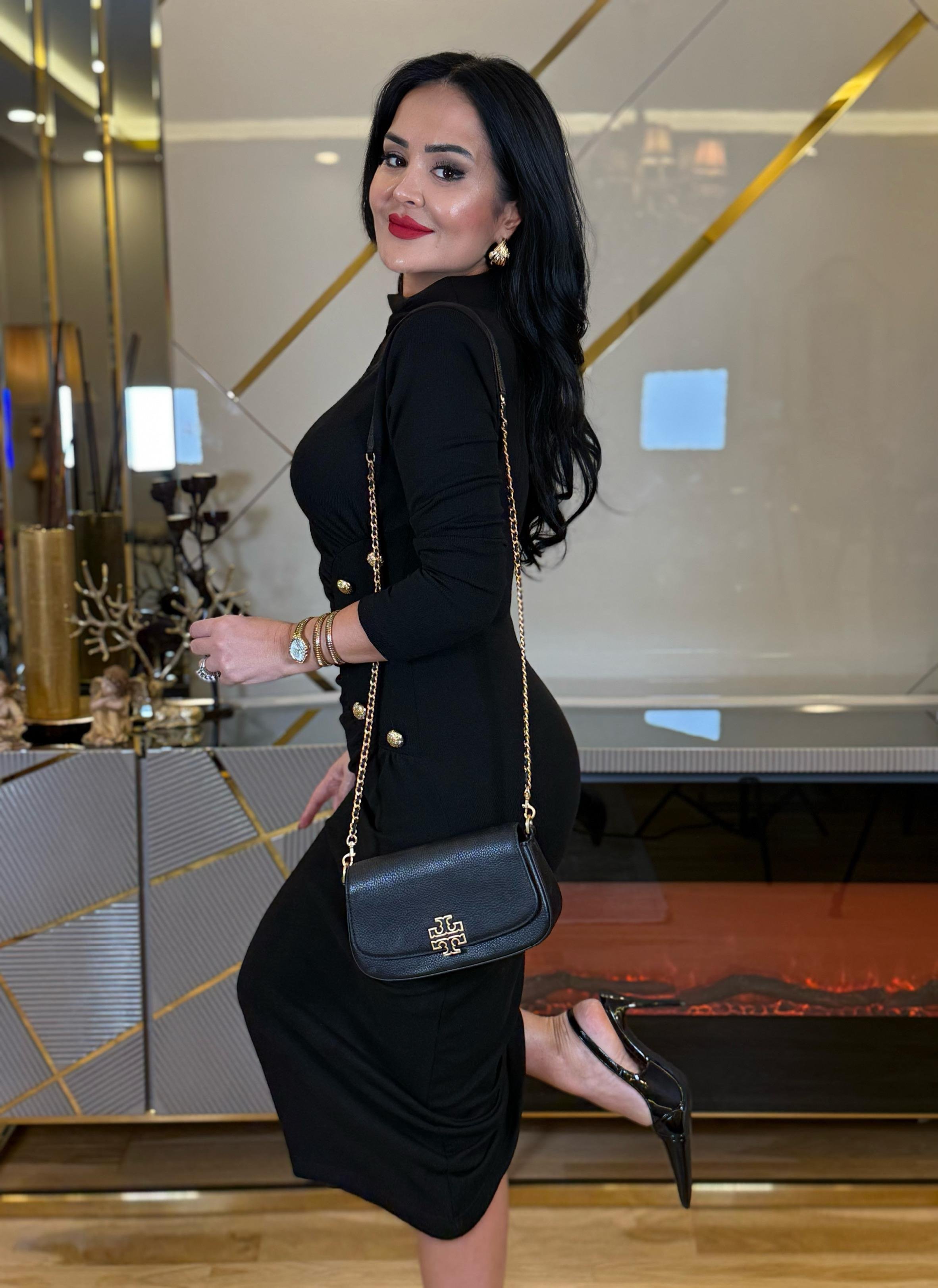 4686 Düğme detay balıkçı yaka siyah elbise4686