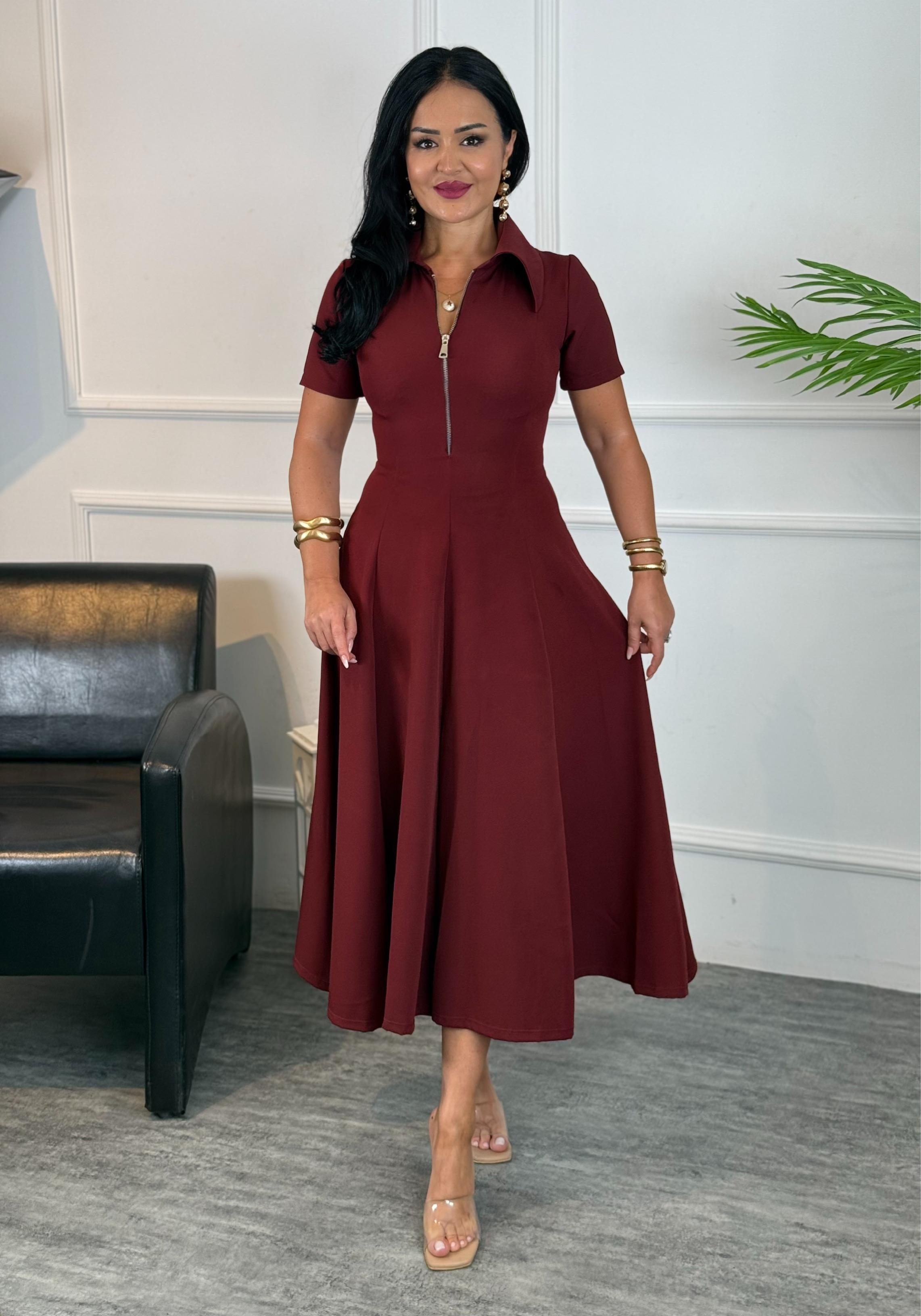 4732  Wear fermuarlı bordo elbise4732