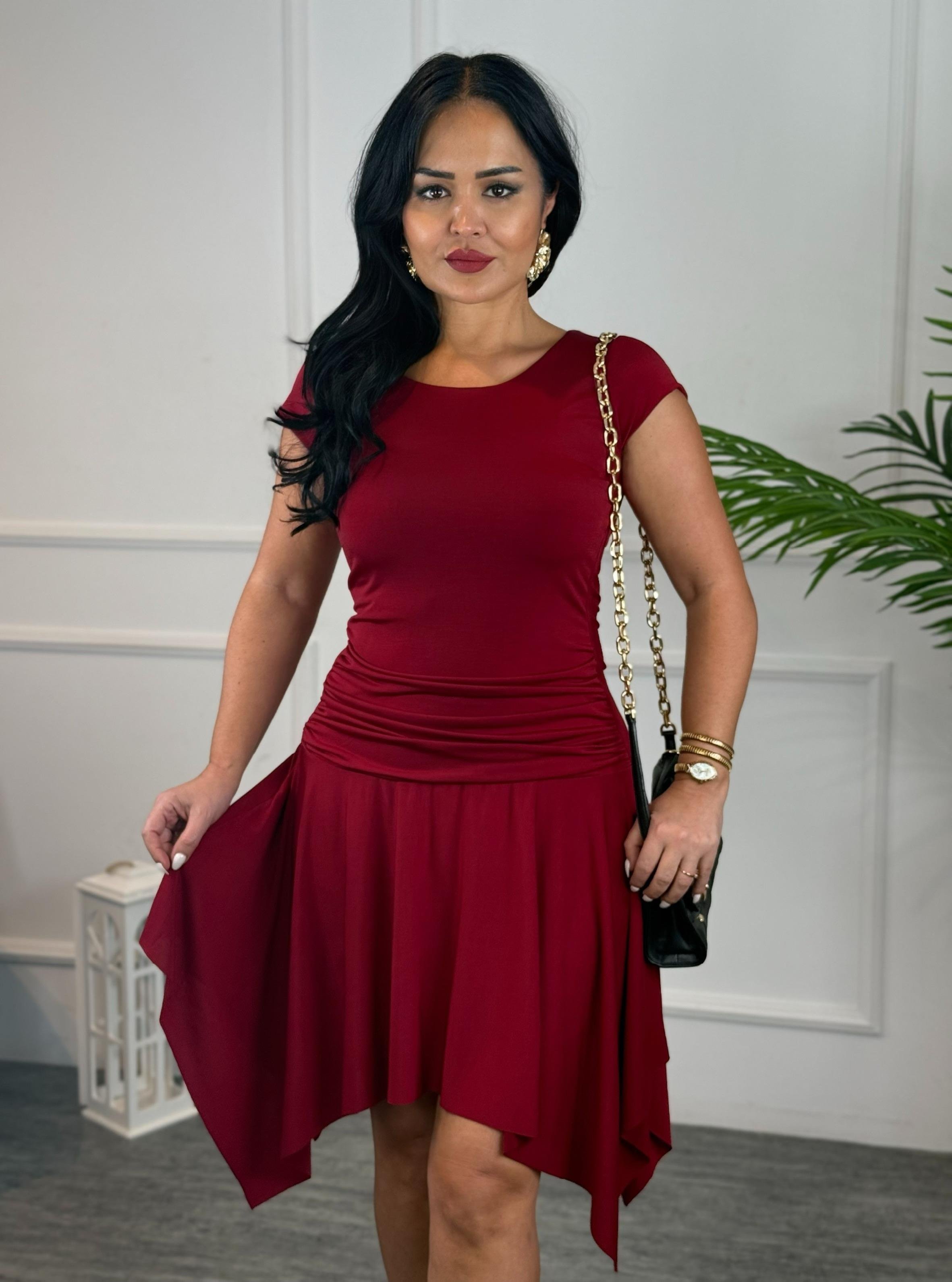 4768 Harris asimetrik bordo elbise4768