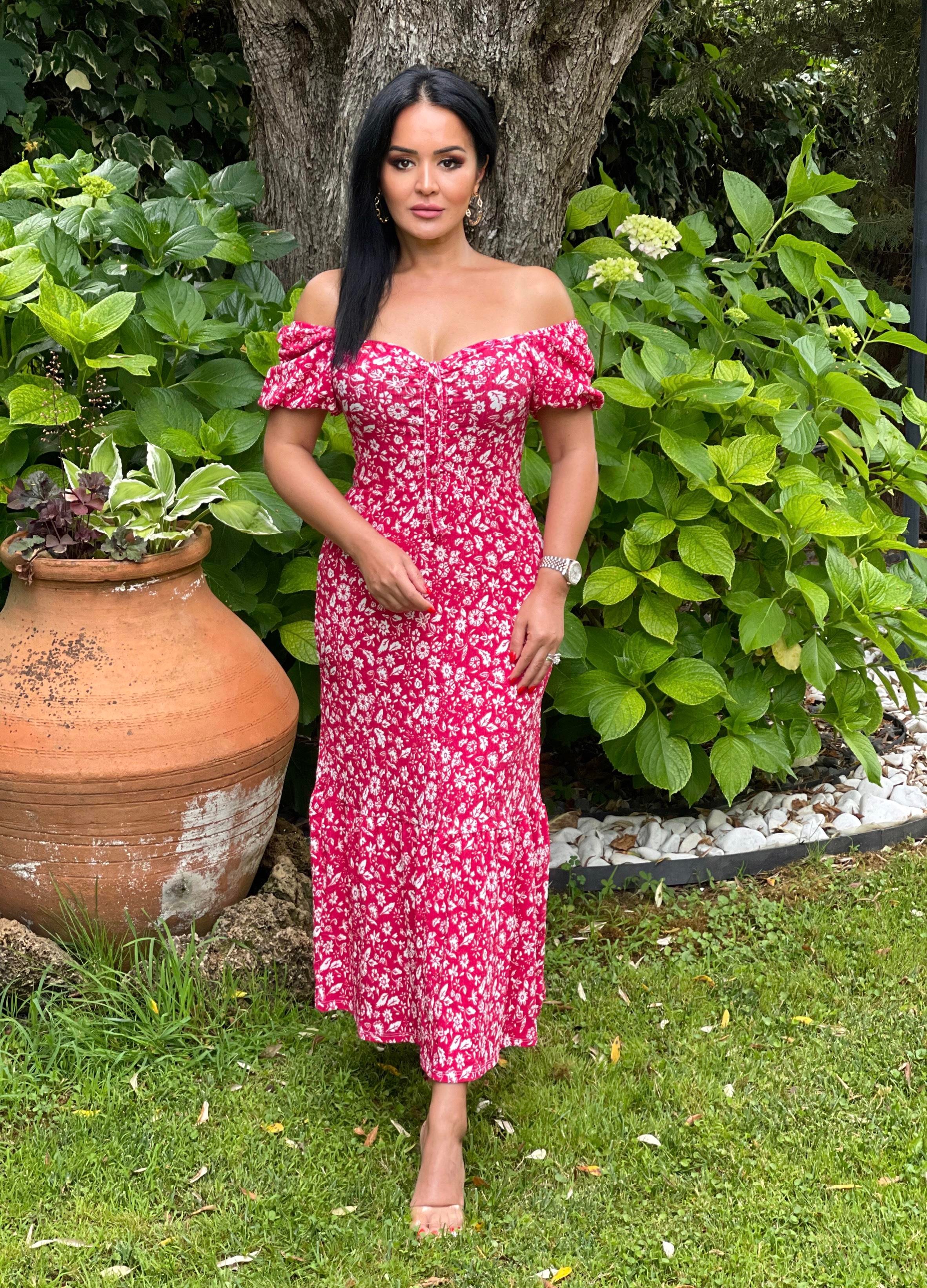 4795 Önü büzgülü  pembe  çiçekli elbise4795